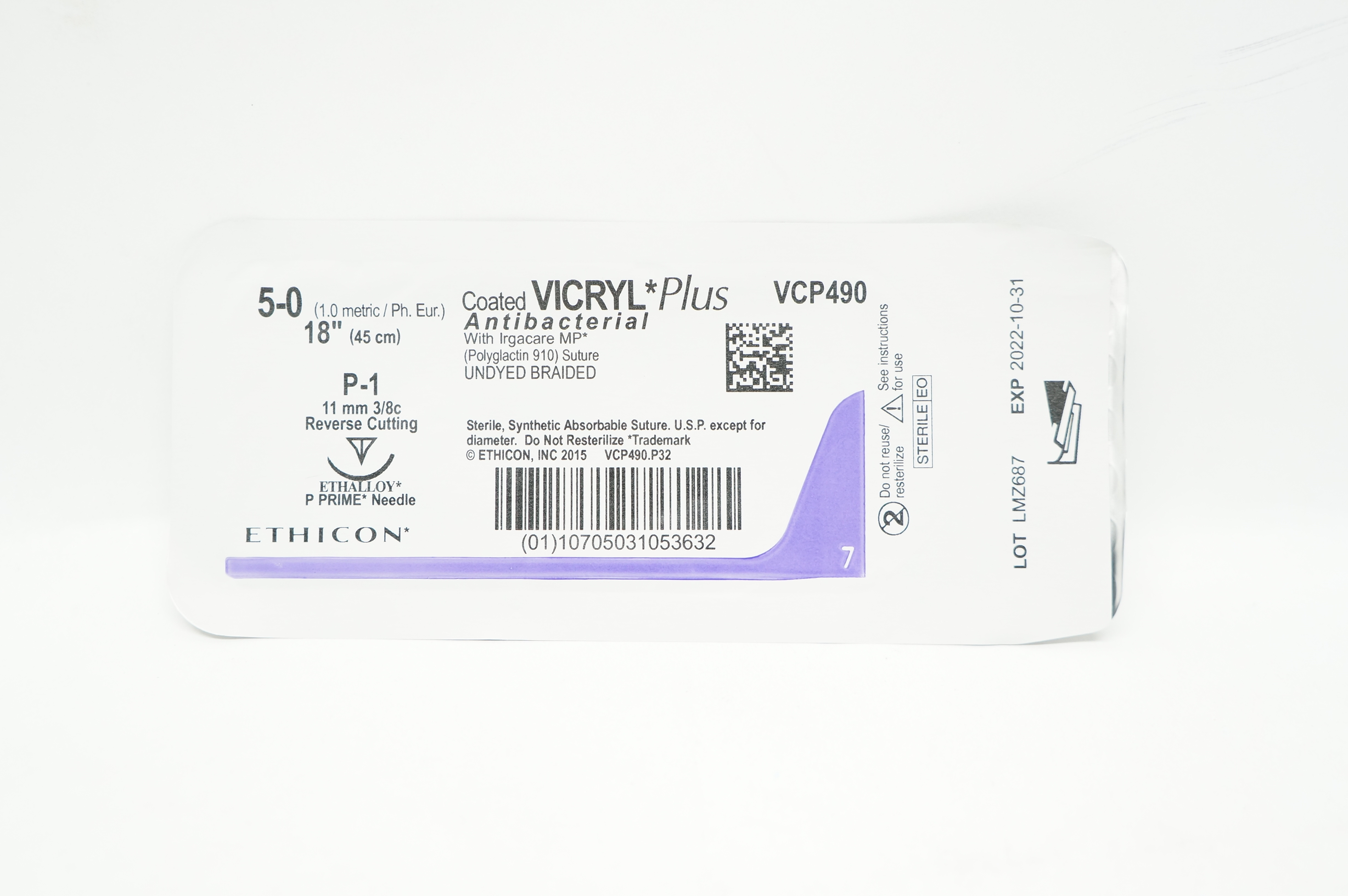 Ethicon VCP490 5-0 Coated VICRYL Plus Stre P-1 11mm 3/8c Reverse Cutting, 18inch