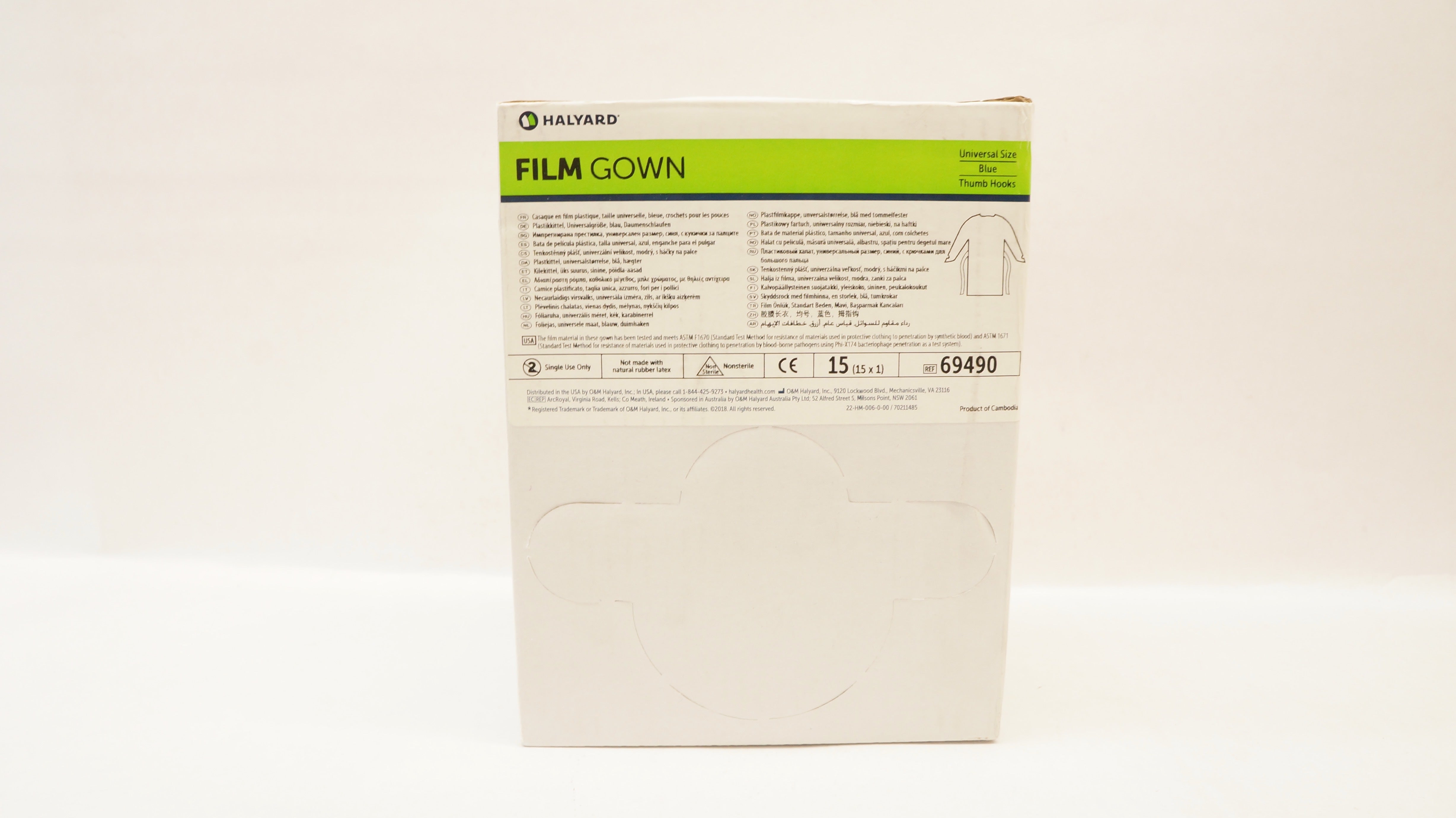 Halyard 69490 Film Gown Blue Universal Size, Thumb Hooks (x) - Box of 15