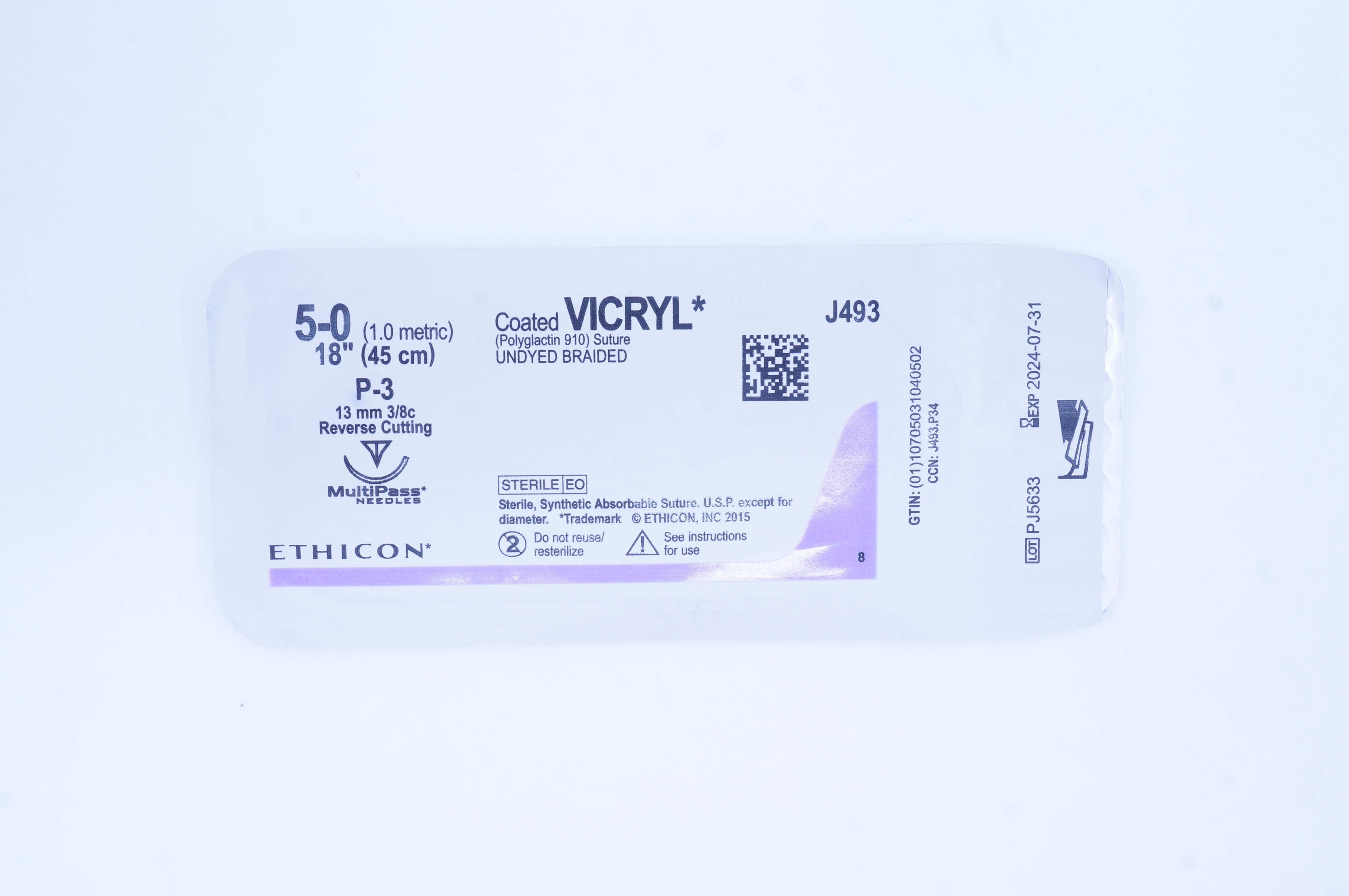 Ethicon J493 5-0 Coated VICRYL Stre P-3 13mm 3/8c Reverse Cutting, 18inch