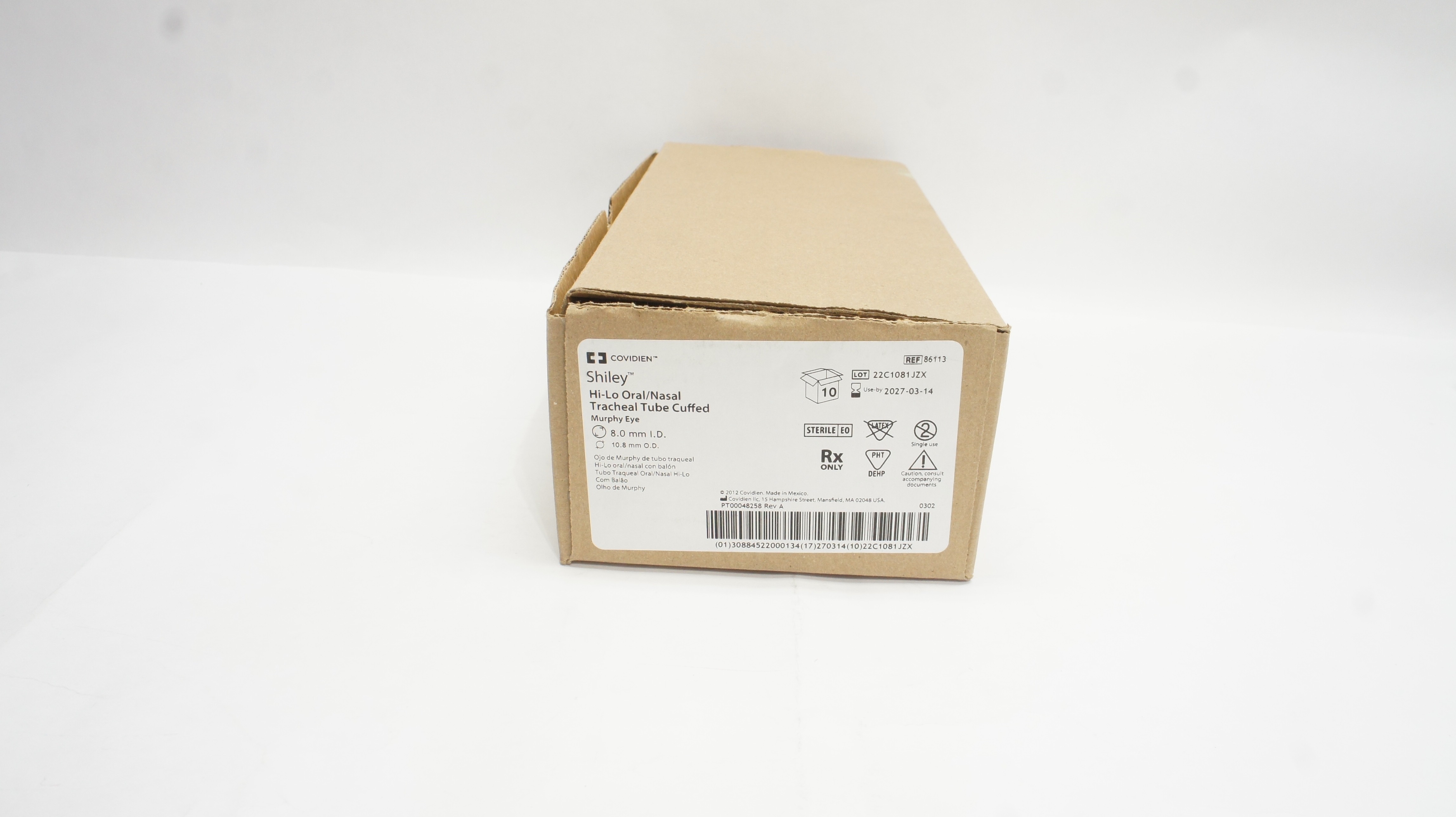Covidien 86113 Shiley Hi-Lo Oral/Nasal Tracheal Tube Cuffed 8.0x10.8mm-Box of 10