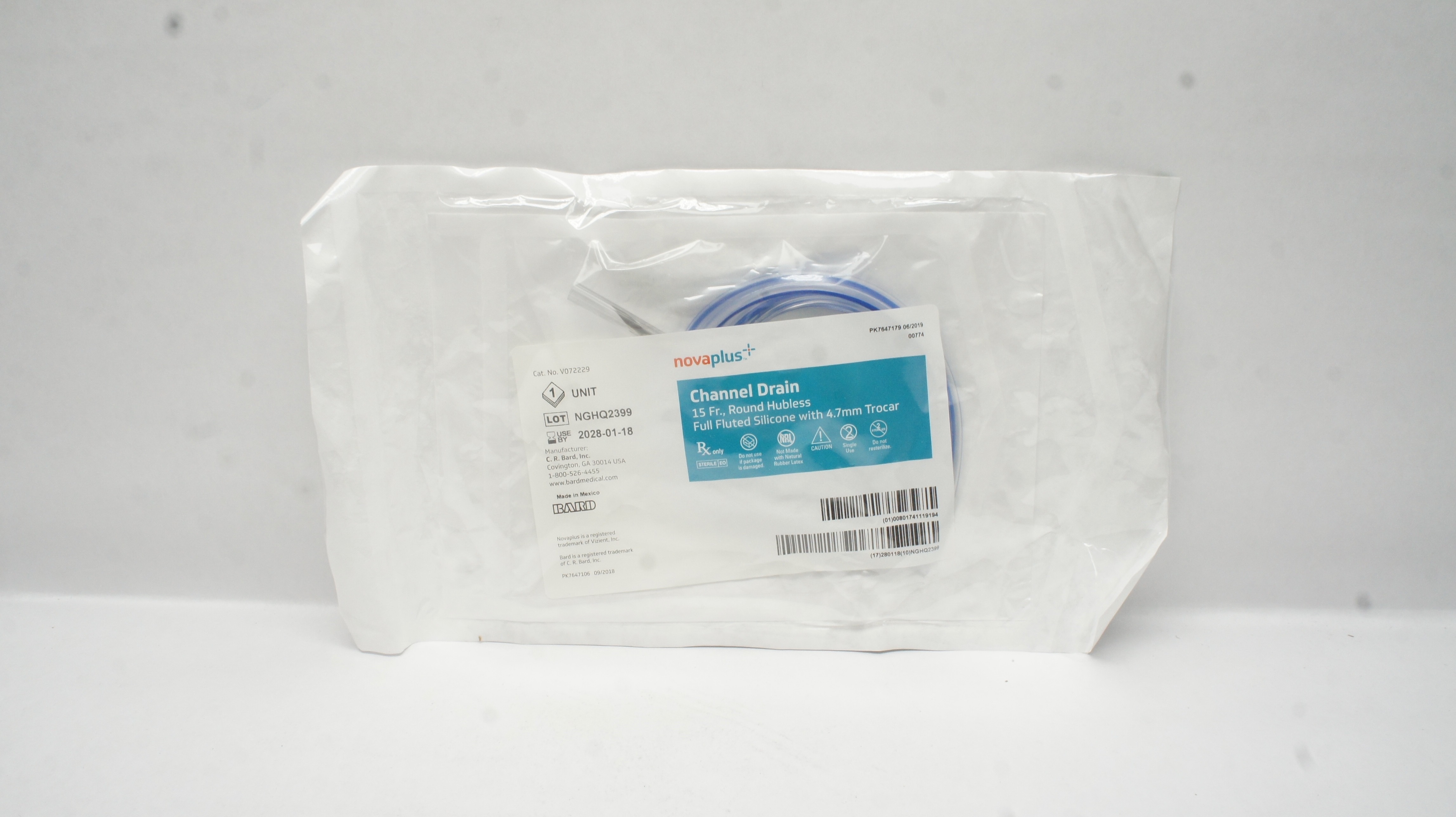Bard V072229 NovaPlus Silicone Channel Drain 15Fr Full Fluted w/4.7mm Trocar