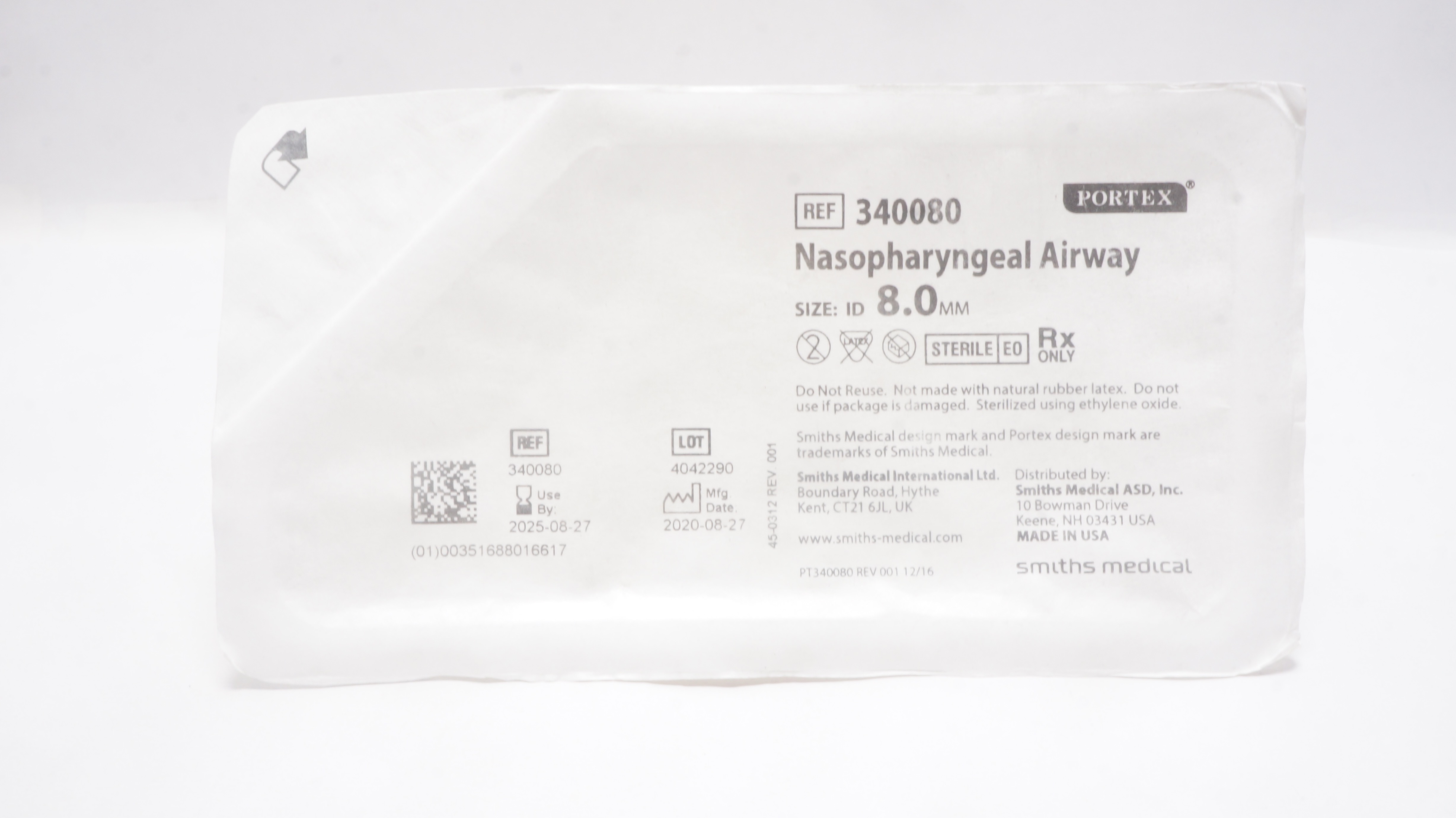 Smiths Medical 340080 Portex Nasopharyngeal Airway ID 8.0mm