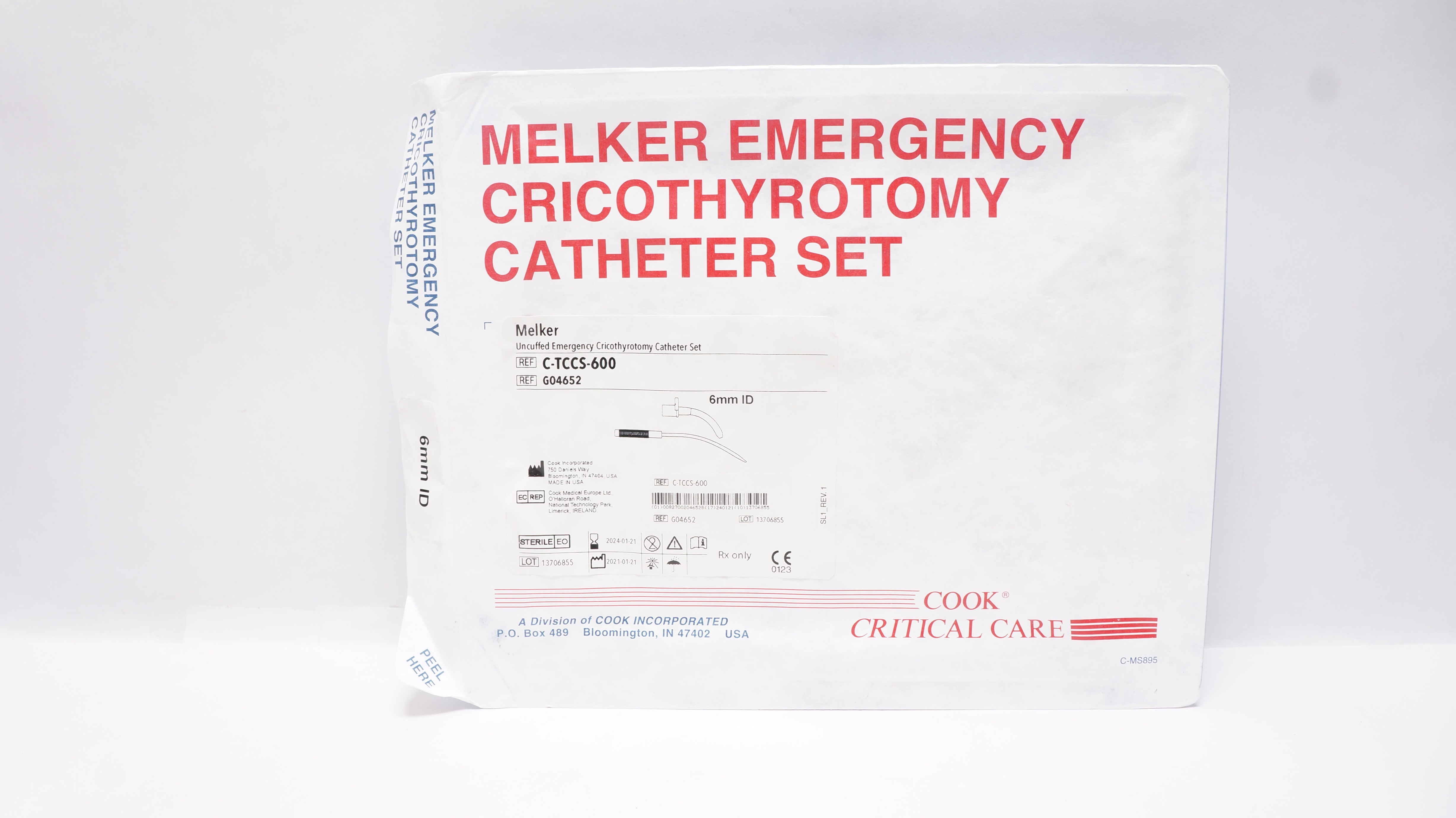 Cook Medical G04652 Melker Uncuffed Emergency Cricothyrotomy Cath. Set 6mm ID