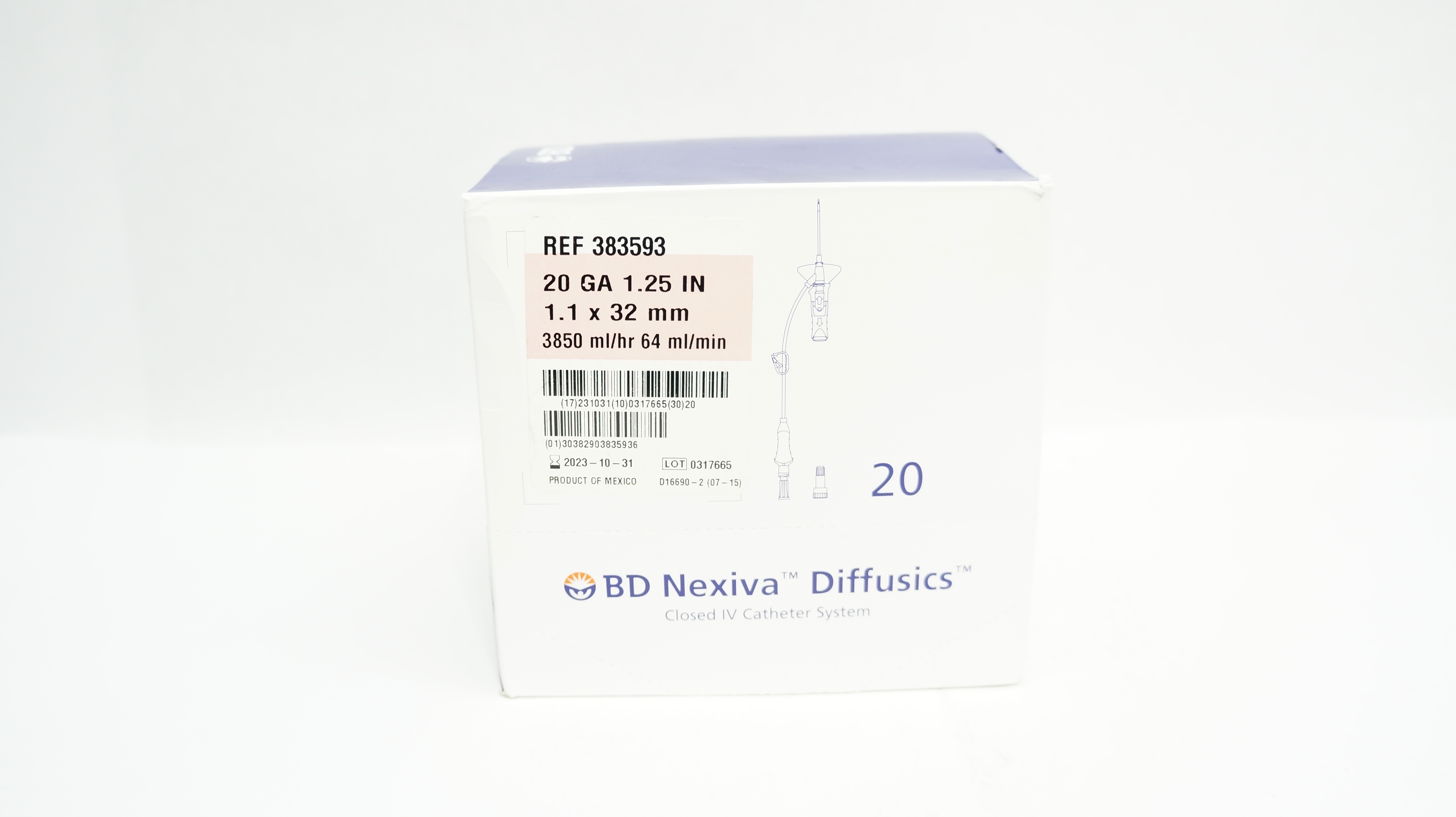 BD 383593 Nexiva Diffusics Closed IV Cath. System 20GA x 1.25in - Box of 16 (x)