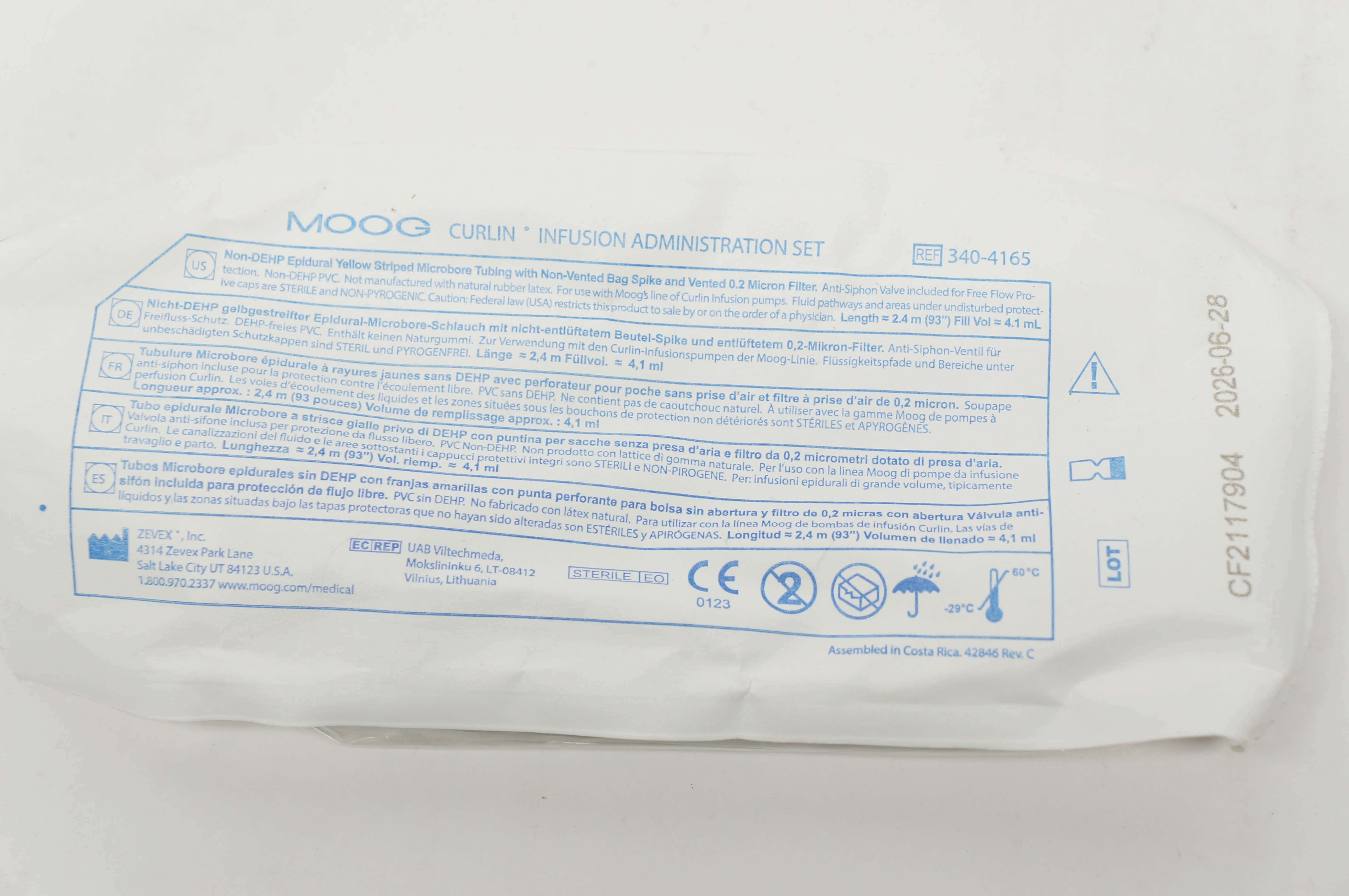 Zevex 340-4165 Moog Curlin Infusion Administration Set 93 inch x 4.1mL