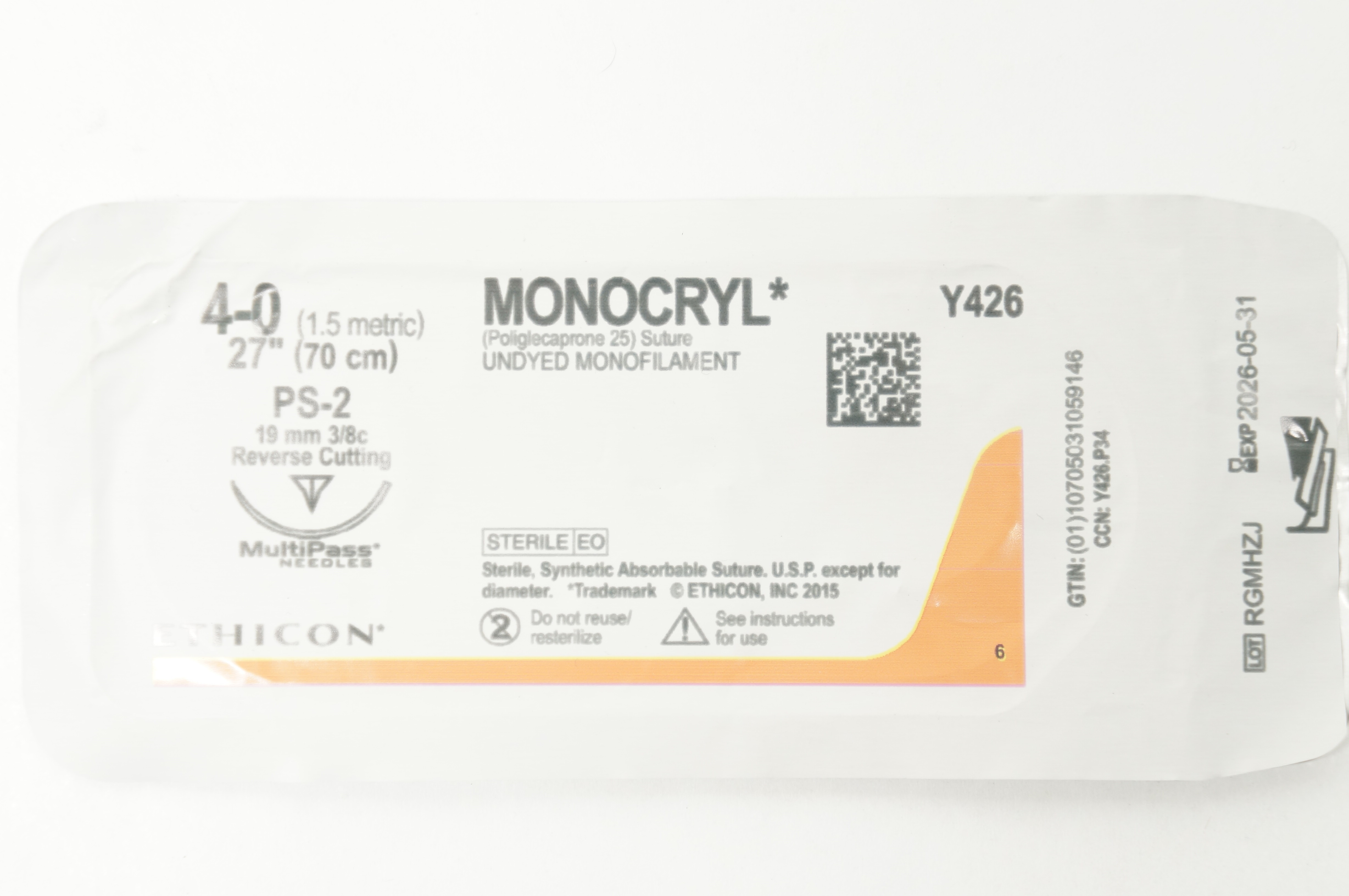 Ethicon Y426 4-0 Monocryl PS-2 19mm 3/8c Reverse Cutting, 27inch