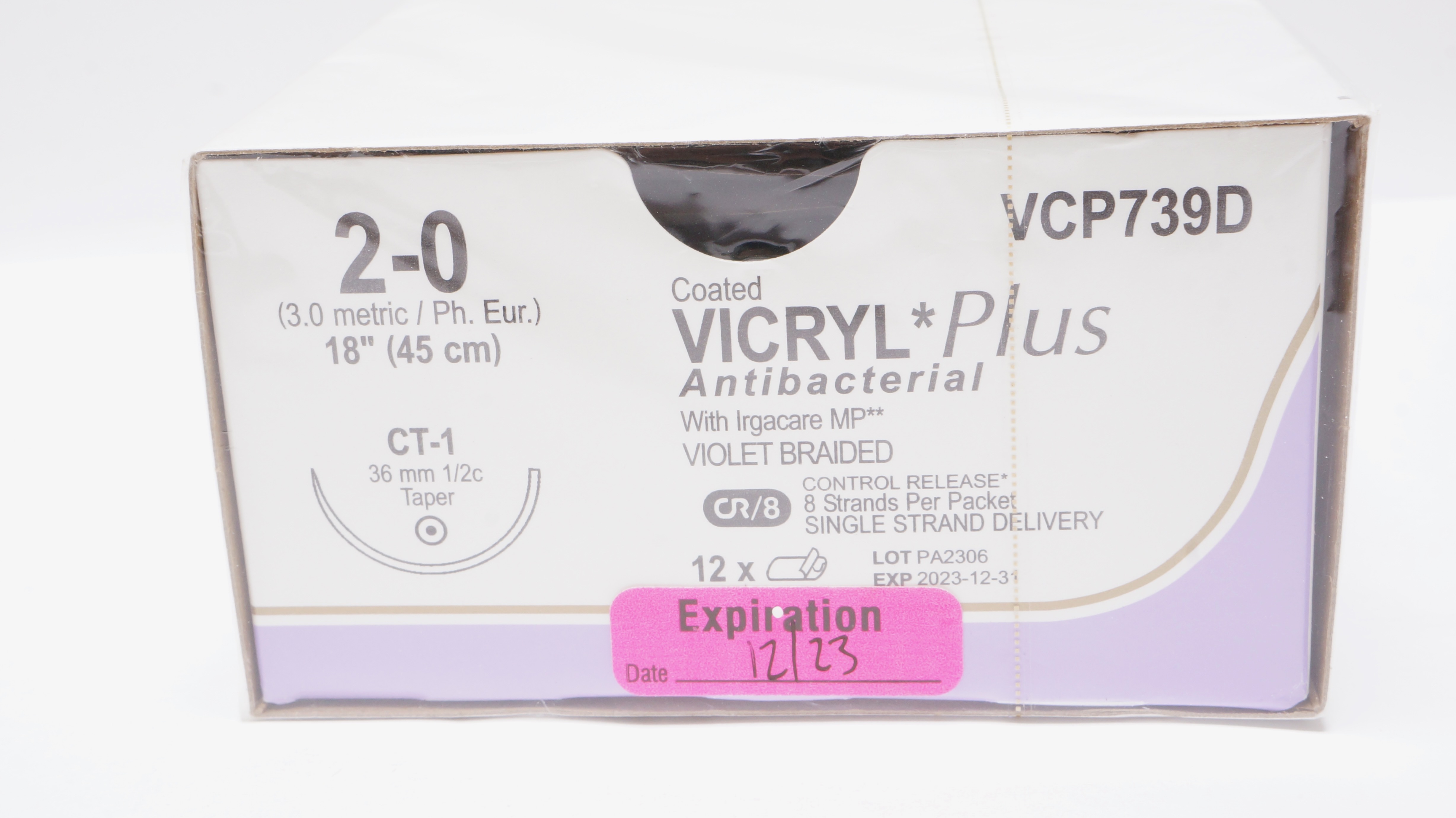 Ethicon VCP739D 2-0 VICRYL Plus Stre CT-1 36mm 1/2c Taper 18 inch