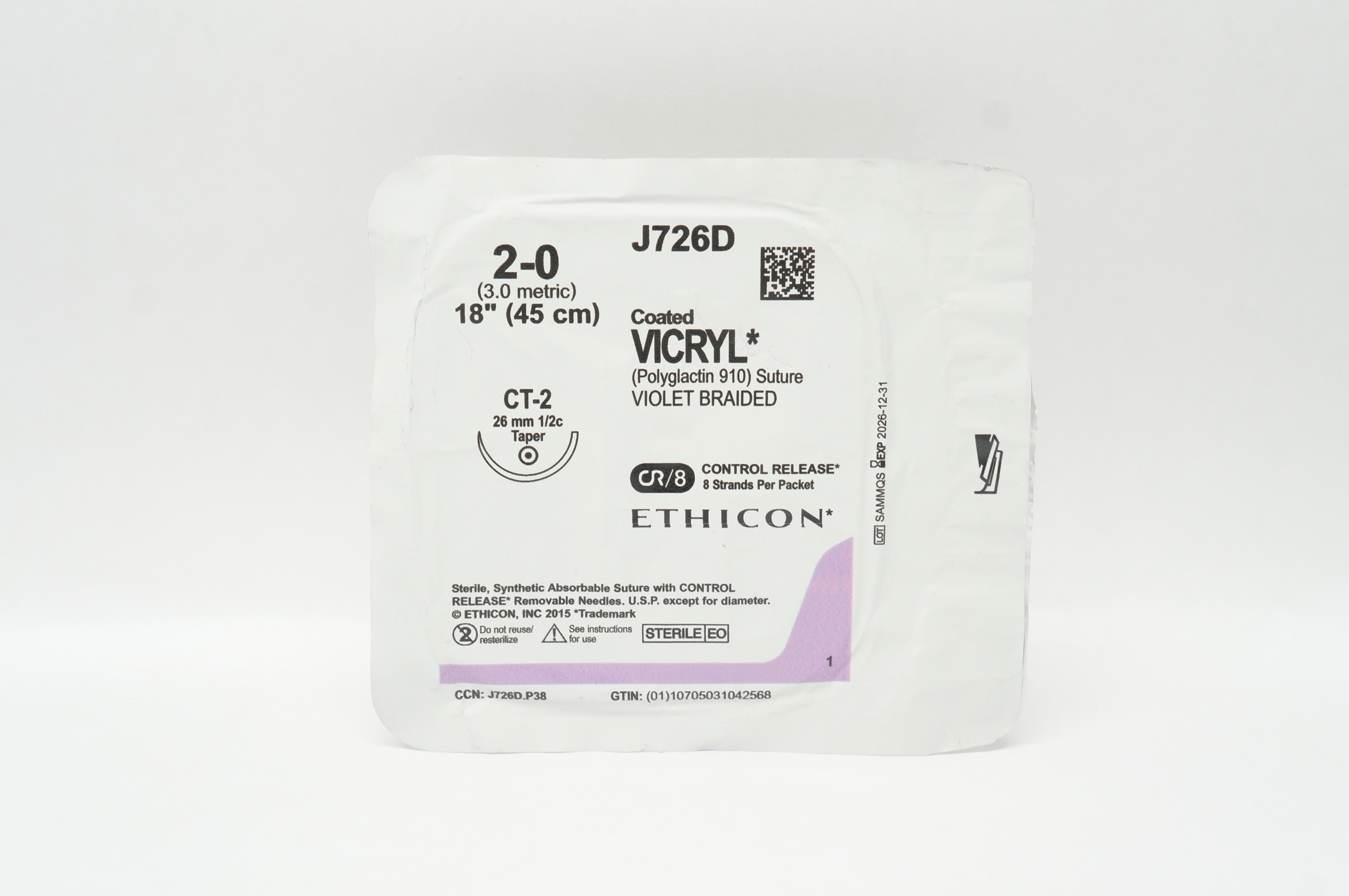 Ethicon J726D 2-0 Coated VICRYL, CT-2, 26mm 1/2c Taper, 18inch