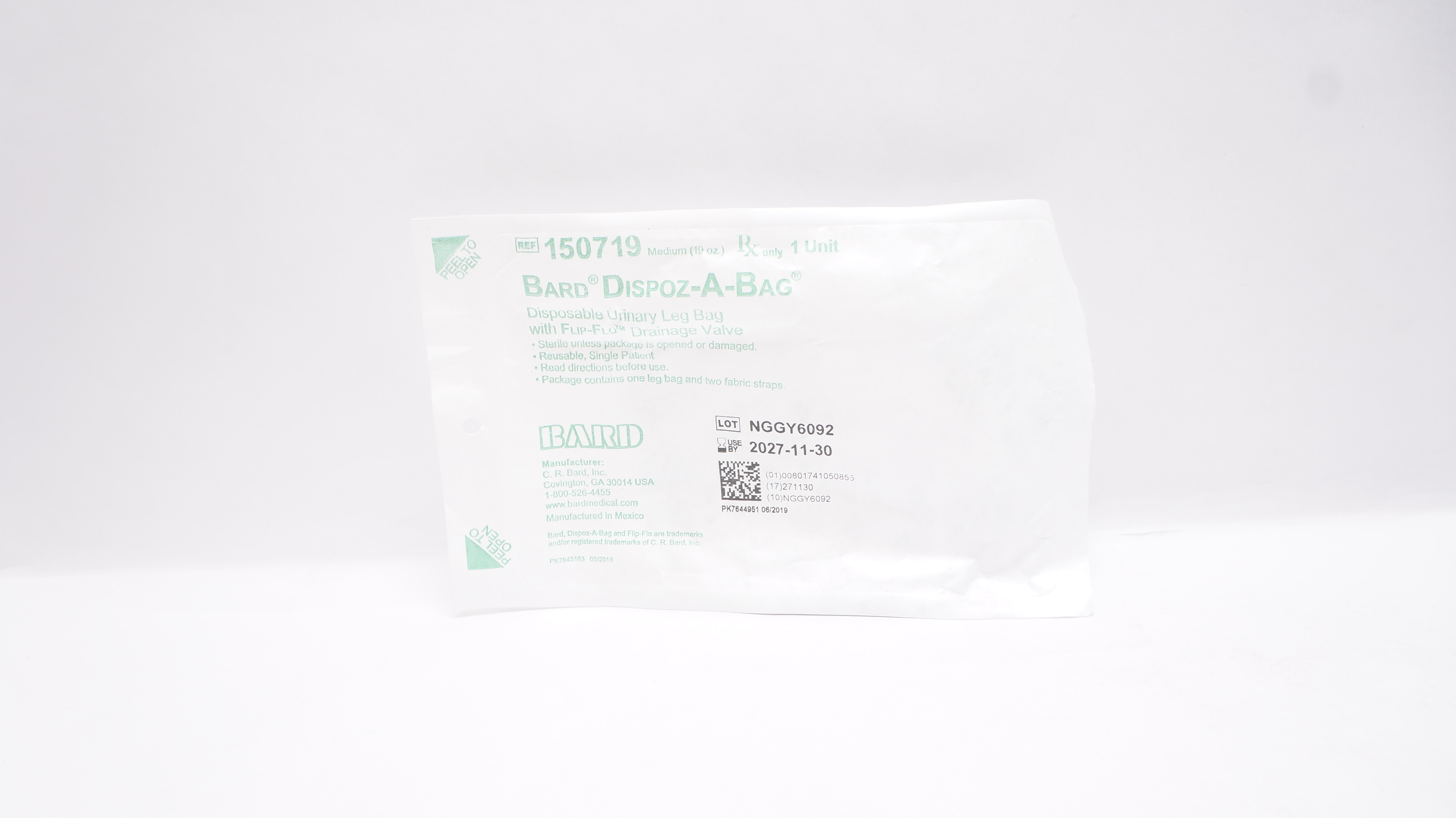 Bard 150719 Dispoz-A-Bag Disposable Urinary Leg Bag, Medium 19oz.