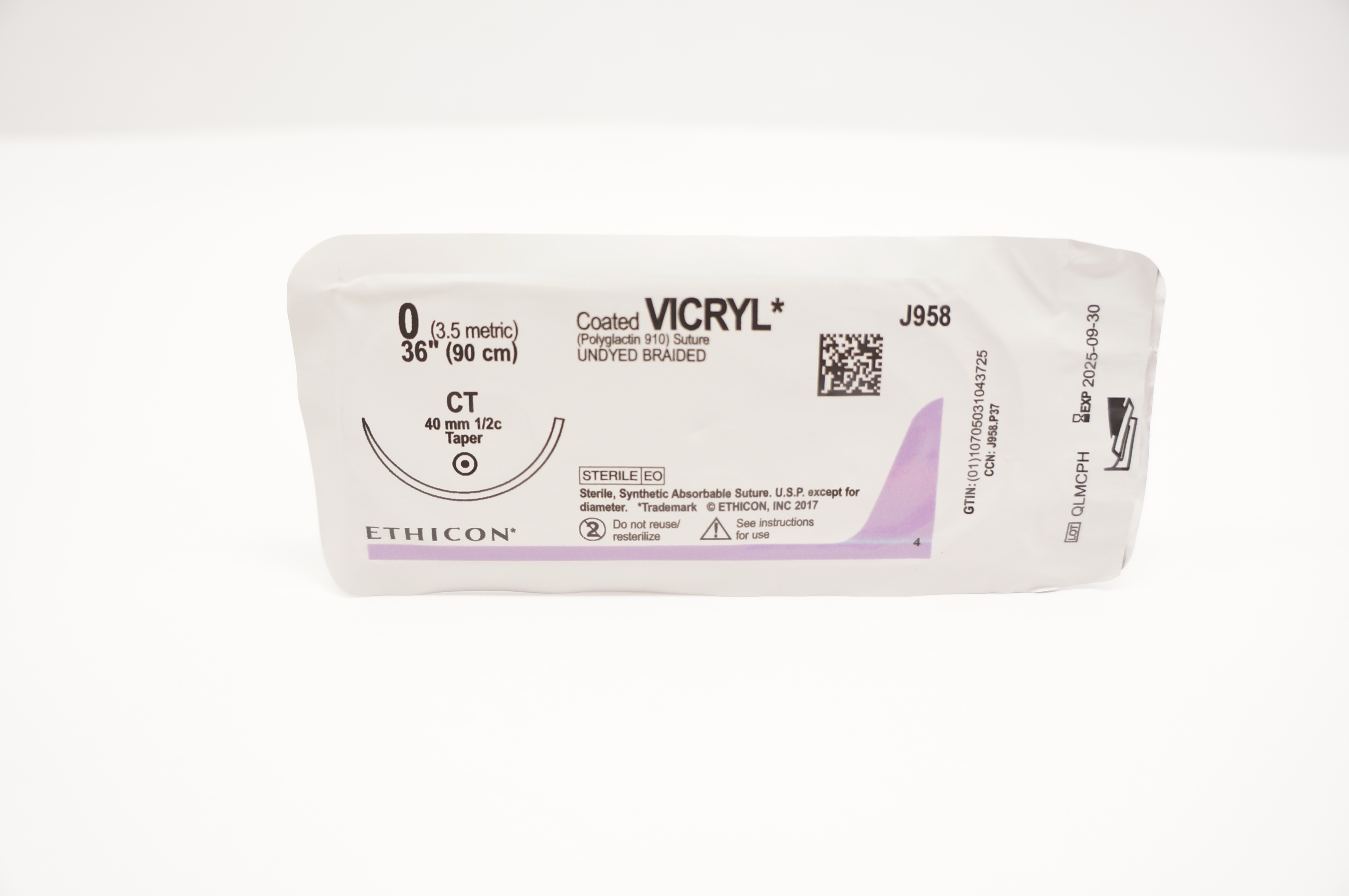Ethicon J958 0 Coated VICRYL Polyglactin Stre CT 40mm 1/2c Taper, 36inch
