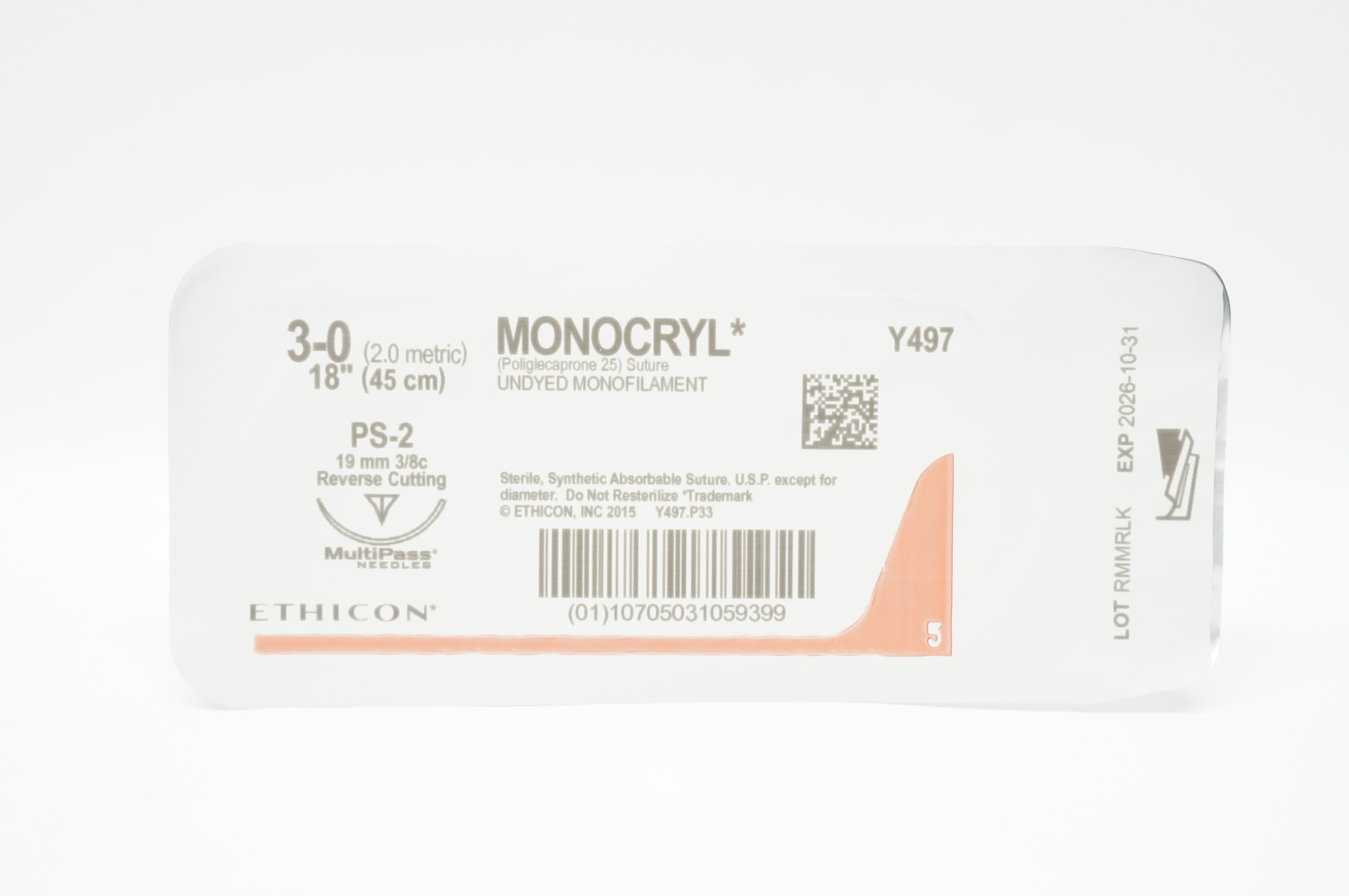 Ethicon Y497 3-0 MONOCRYL Stre PS-2 19mm 3/8c Reverse Cutting 18inch