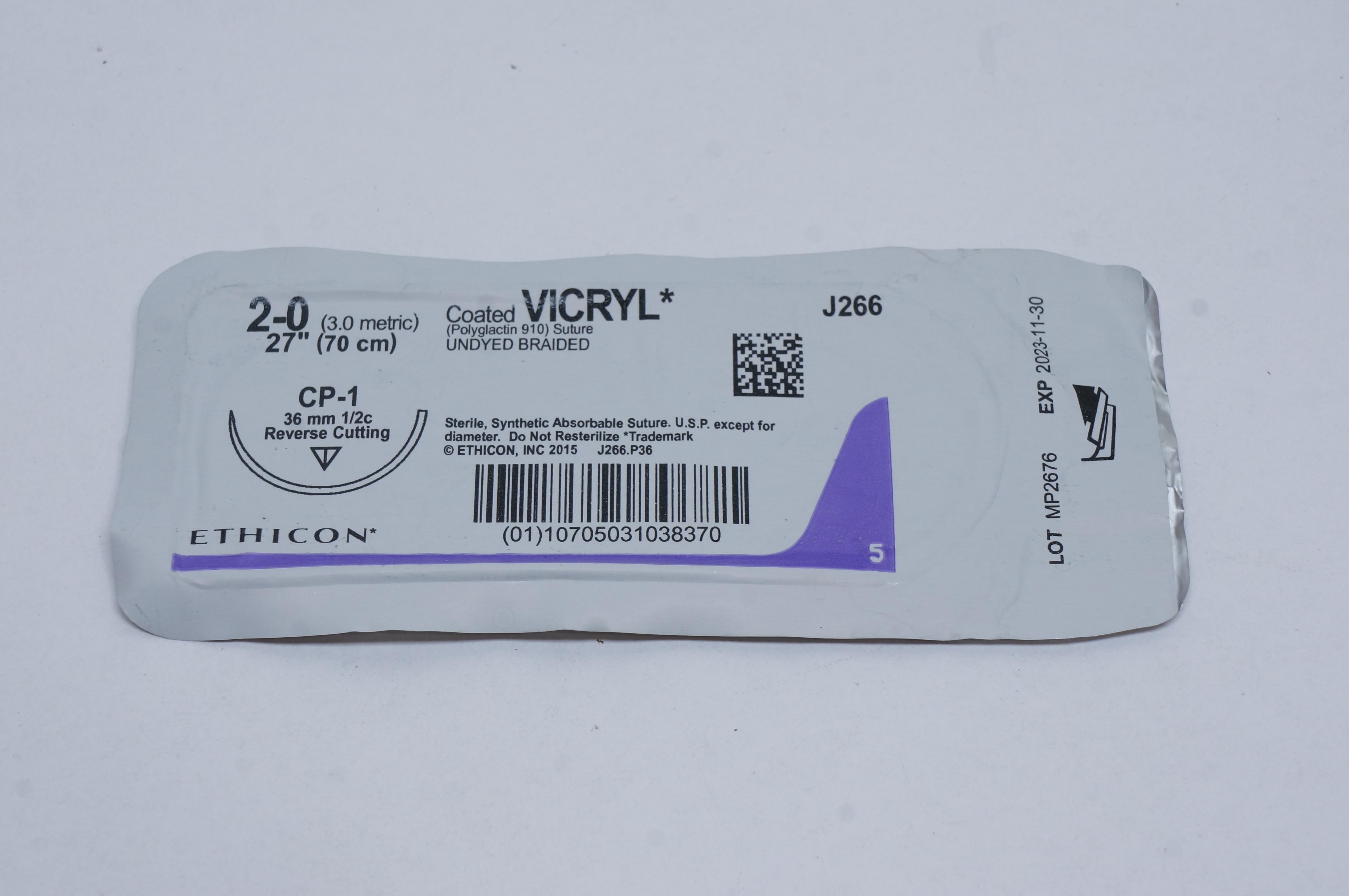 Ethicon J266 2-0 Coated Vicryl Stre CP-1 36mm 1/2c Reverse Cutting, 27inch