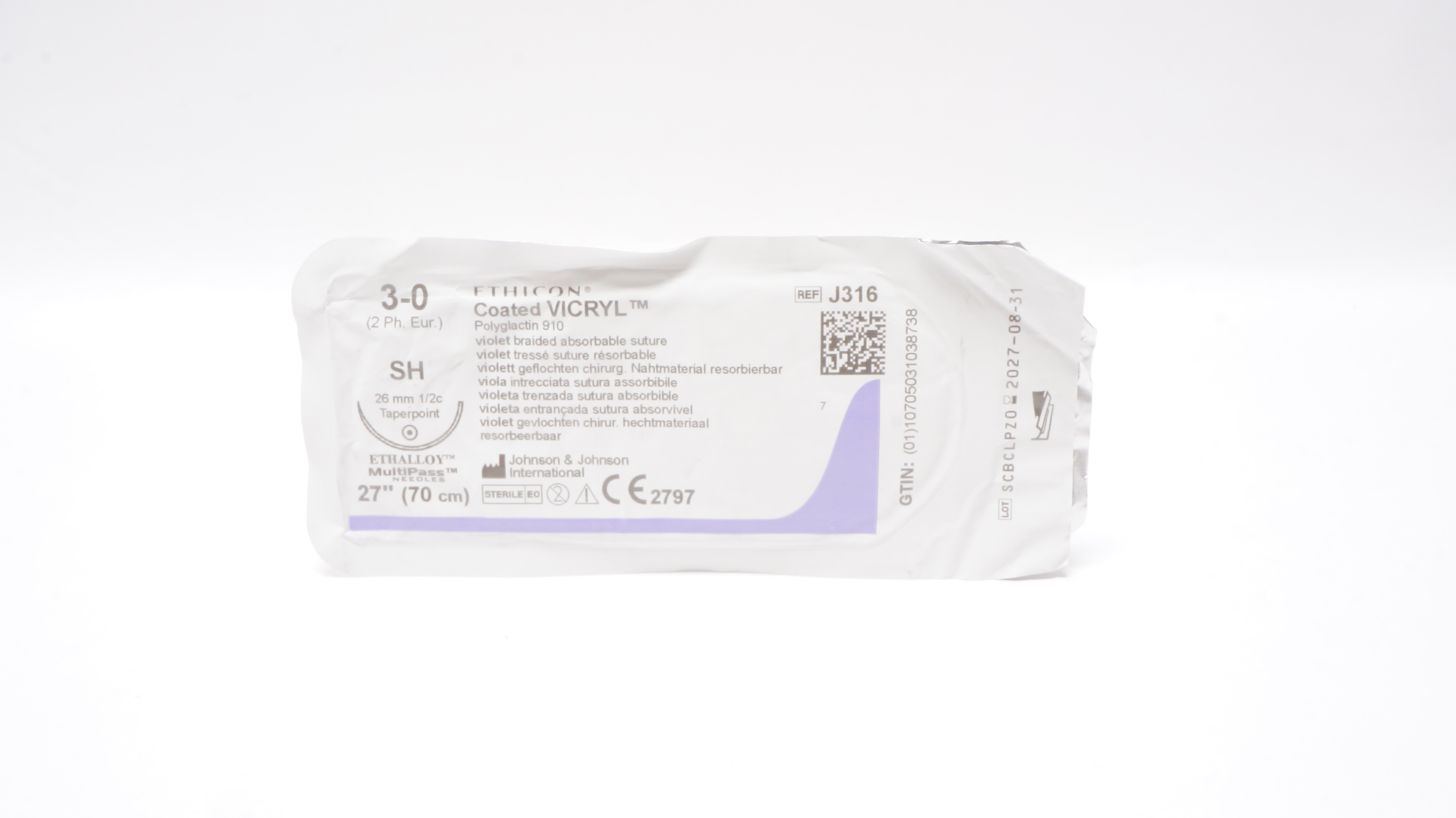 Ethicon J316 3-0 Coated Vicryl Polyglactin Stre, SH 26mm 1/2c Taperpoint, 27inch