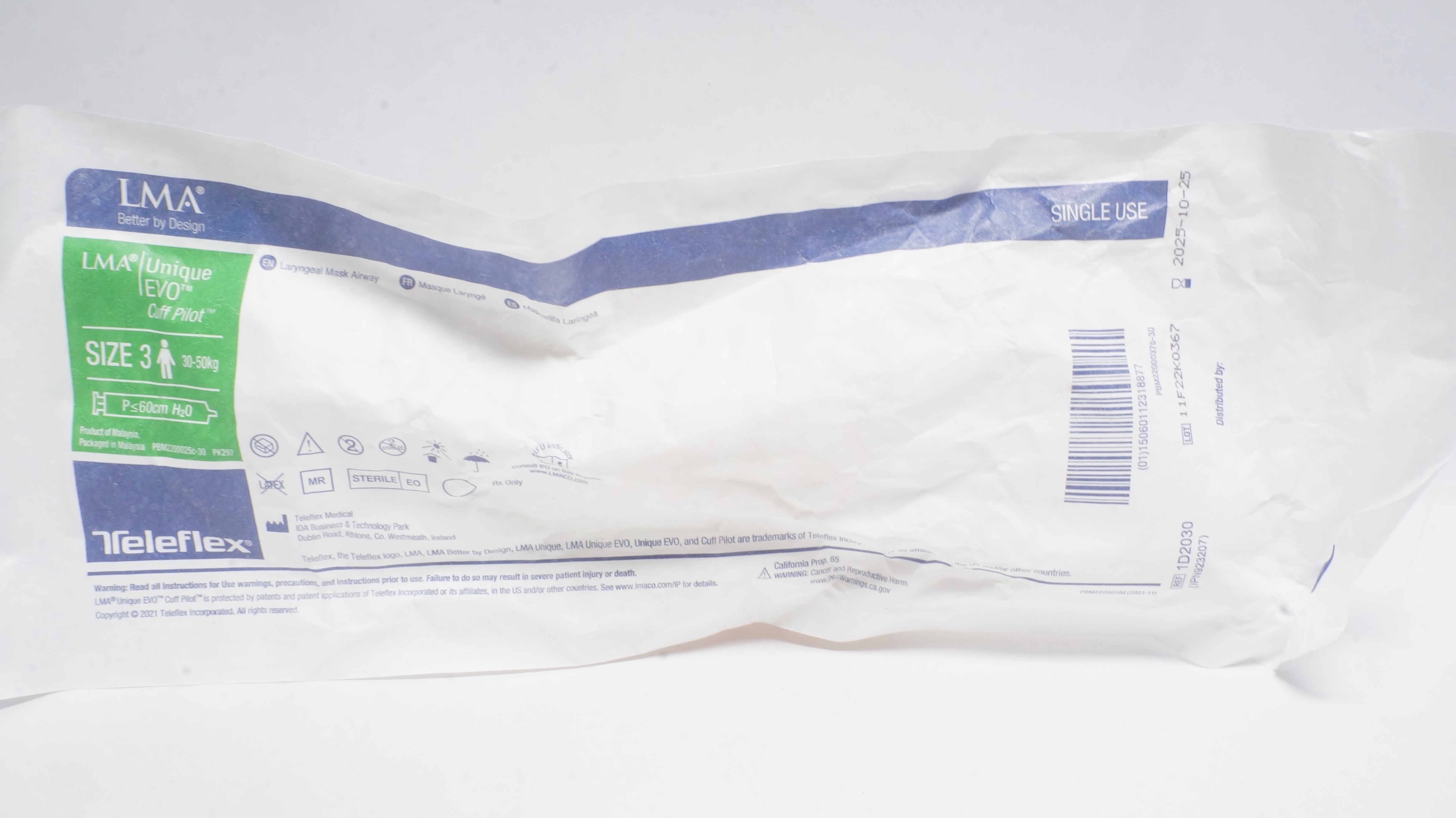 Teleflex 1D2030 LMA Unique EVO Laryngeal Mask Airway Size 3, 30-50kg P≤60cm (x)