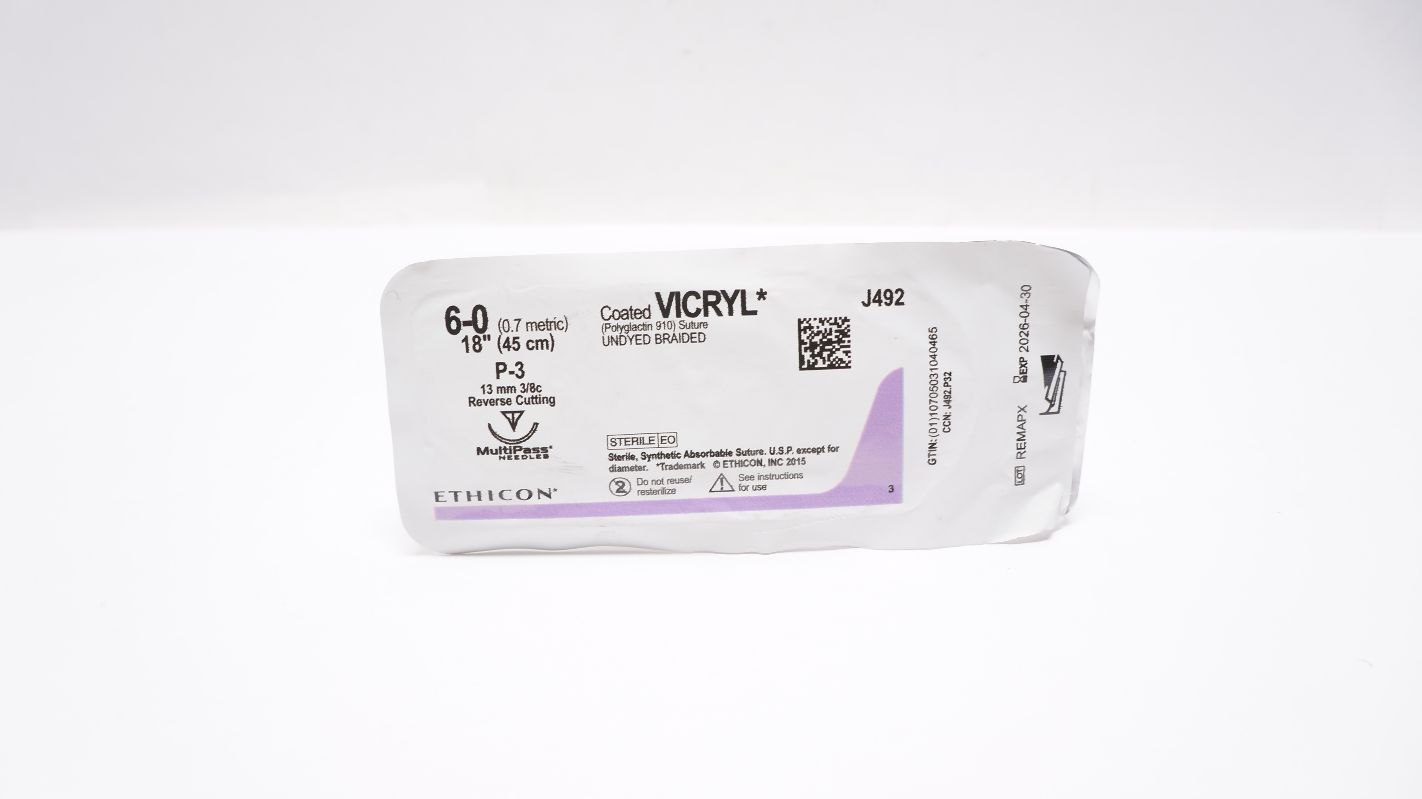 Ethicon J492 6-0 Coated VICRYL Stre P-3 13mm 3/8c Reverse Cutting 18inch