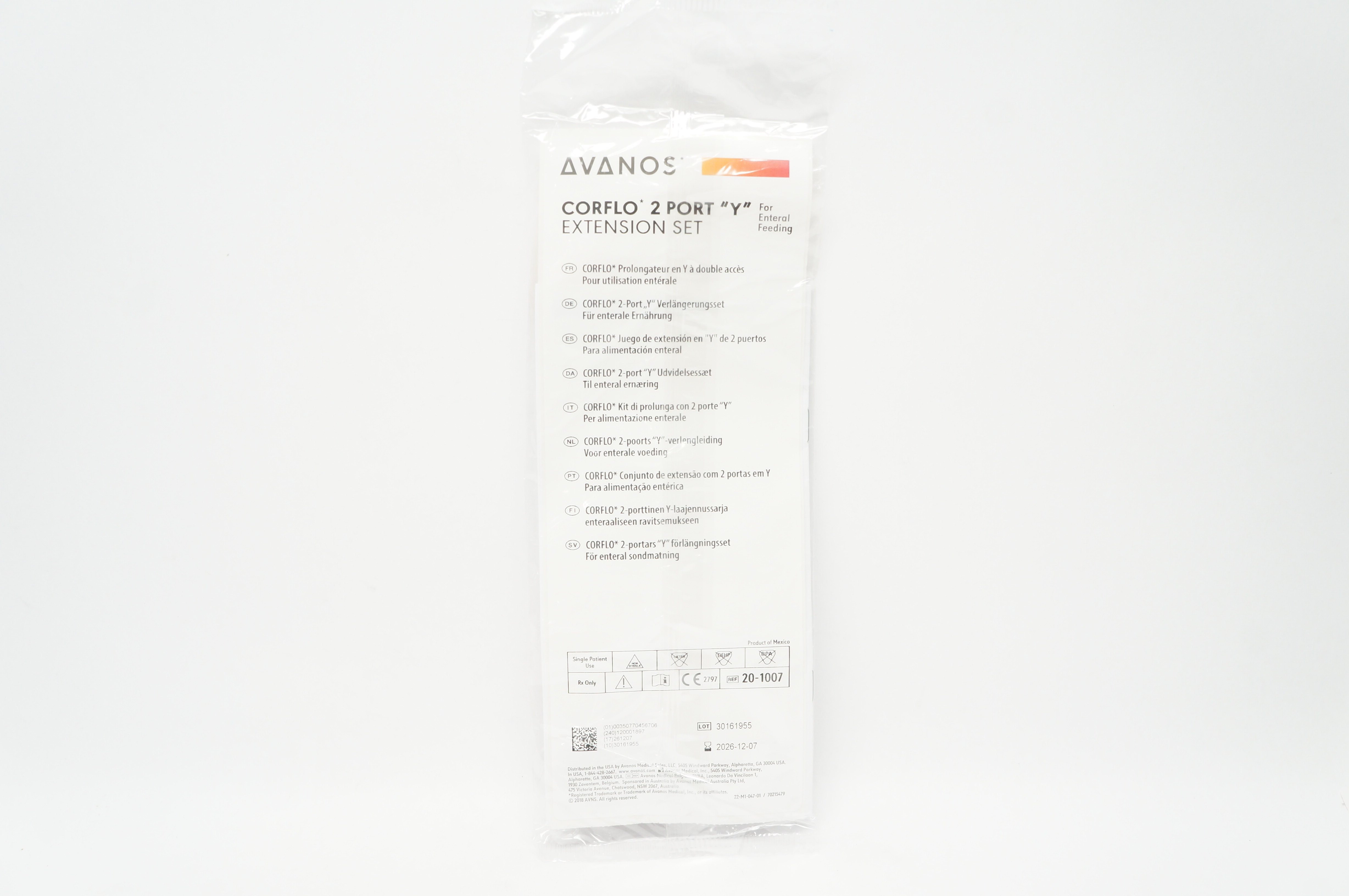 Avanos  20-1007 Corflo 2 Port "Y" Extension Set For Enteral Feeding