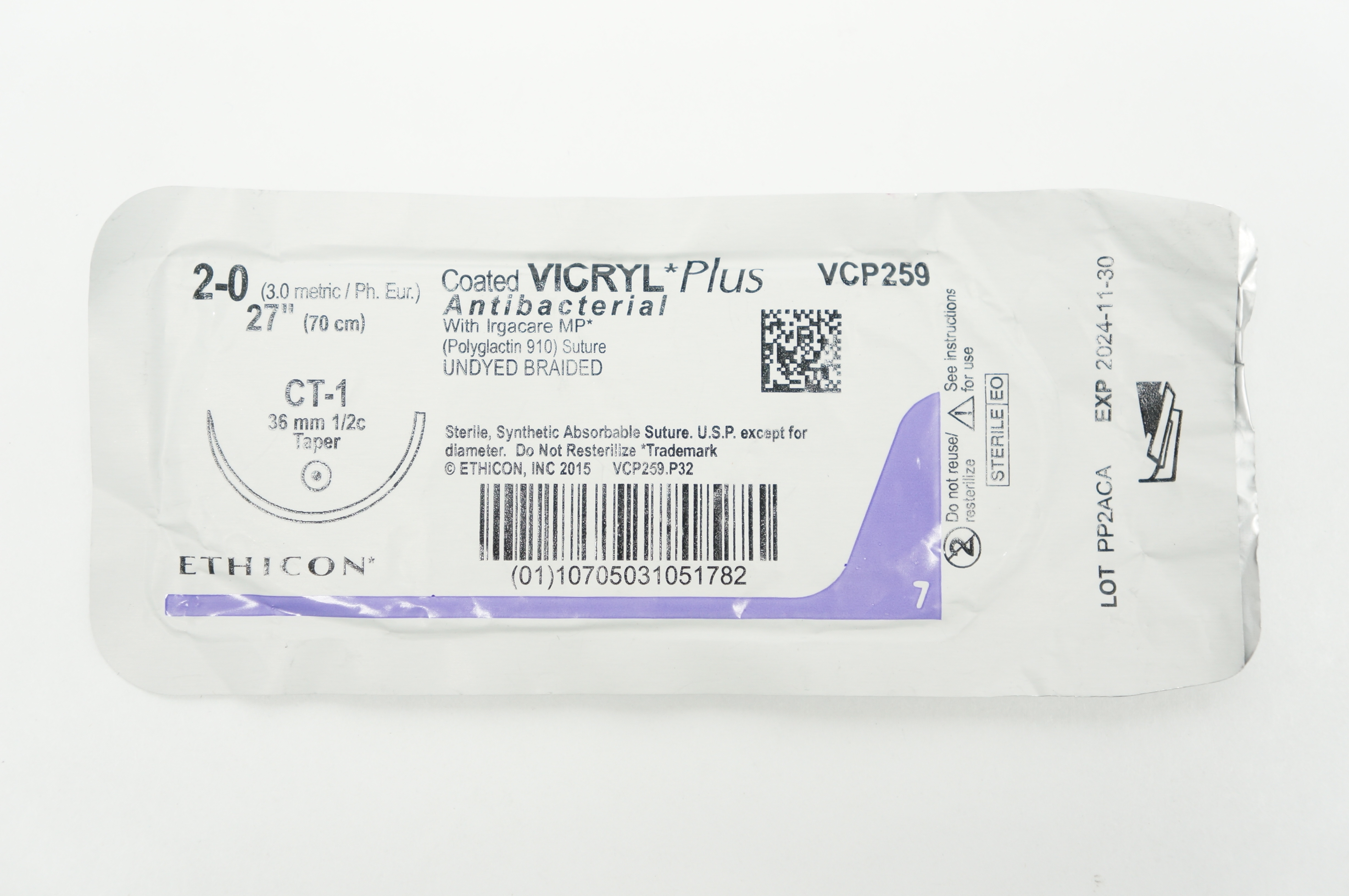 Ethicon VCP259 2-0 VICRYL PLus CT-1 36mm 1/2c Taper 27inch