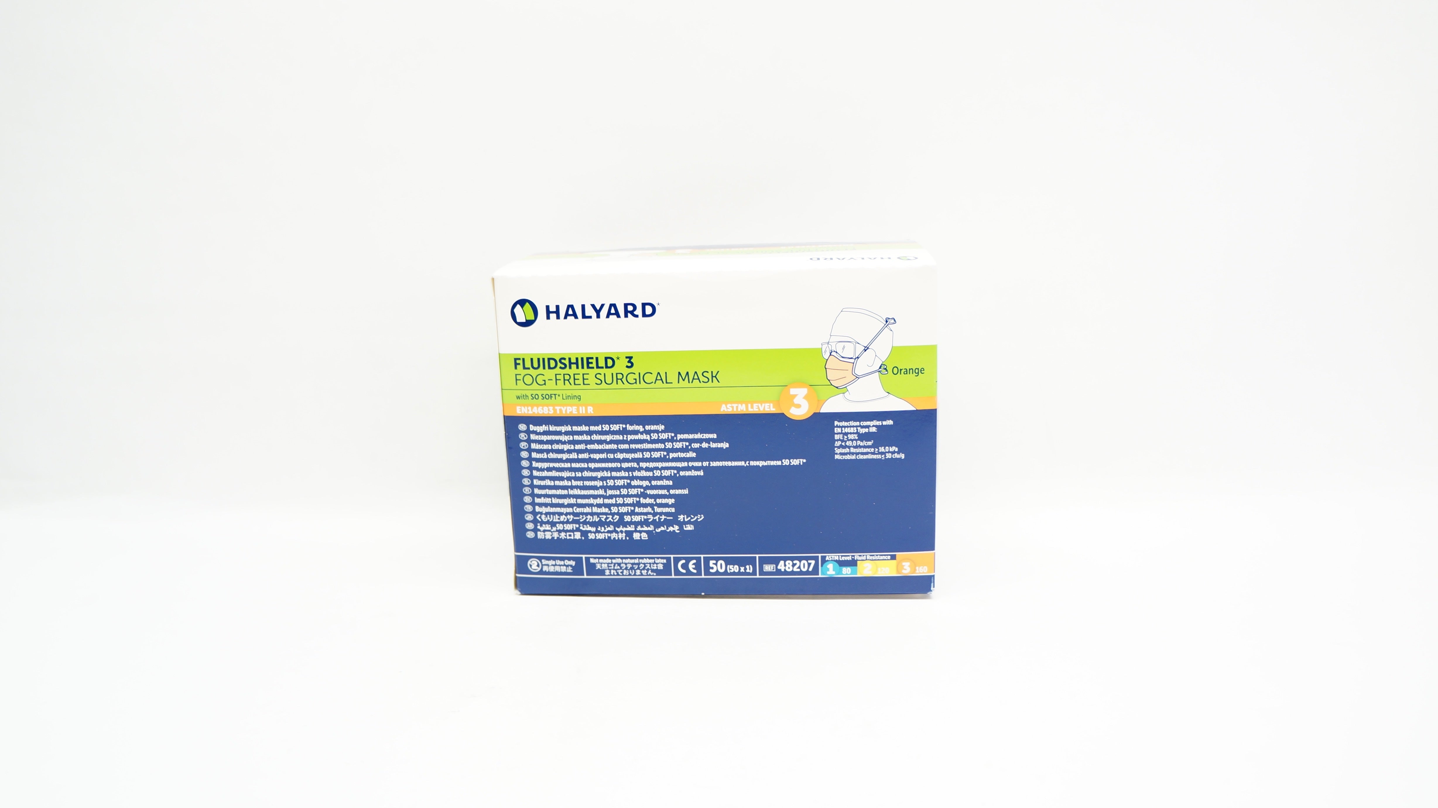 Halyard 48207 Fluishield 3 Fog-Free Surgical Mask, Orange - Box of 50