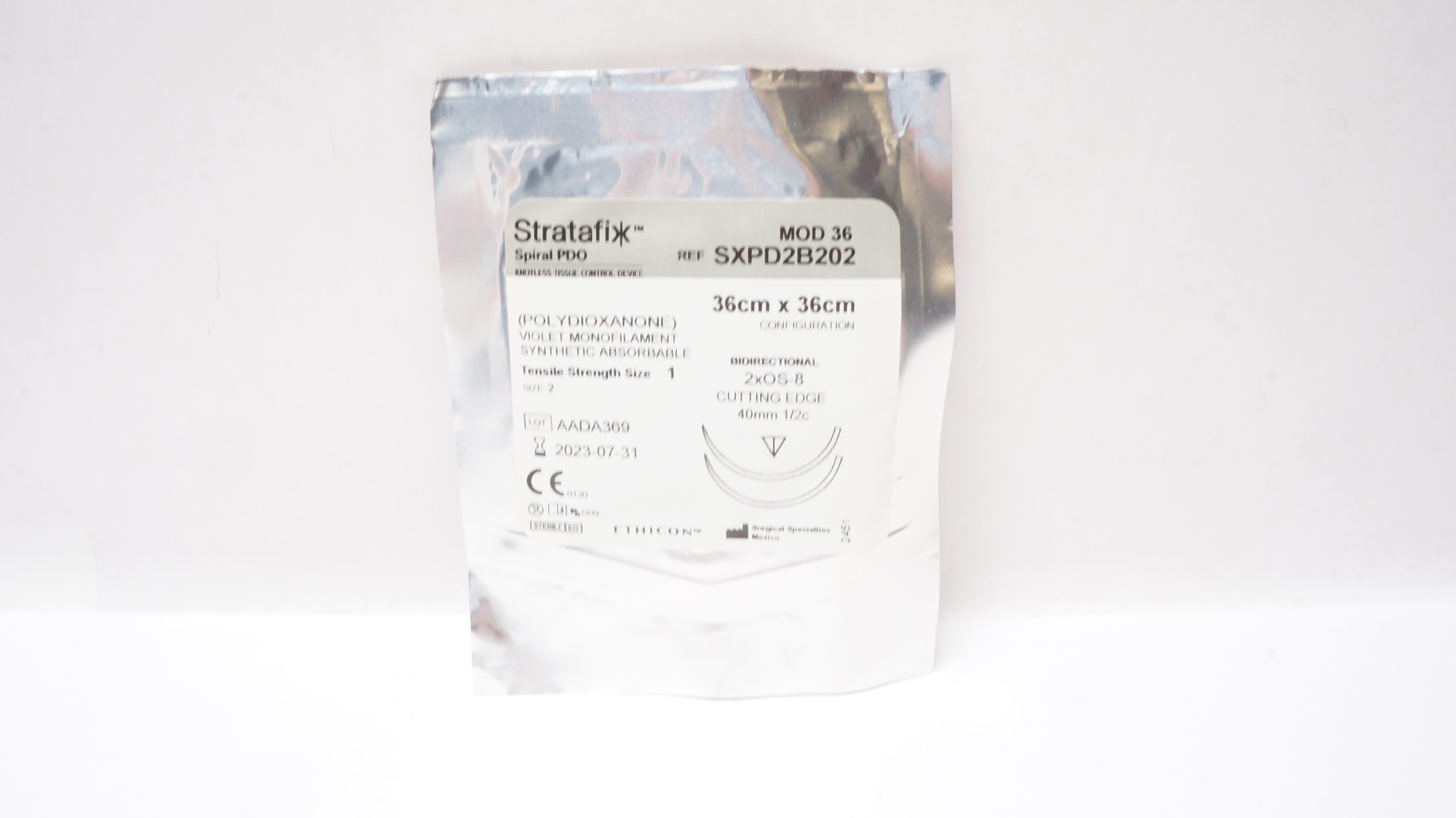 Ethicon SXPD2B202 2 Spiral PDO 2xOS-8 Cutting Edge 40mm 1/2c, 36cm x 36cm