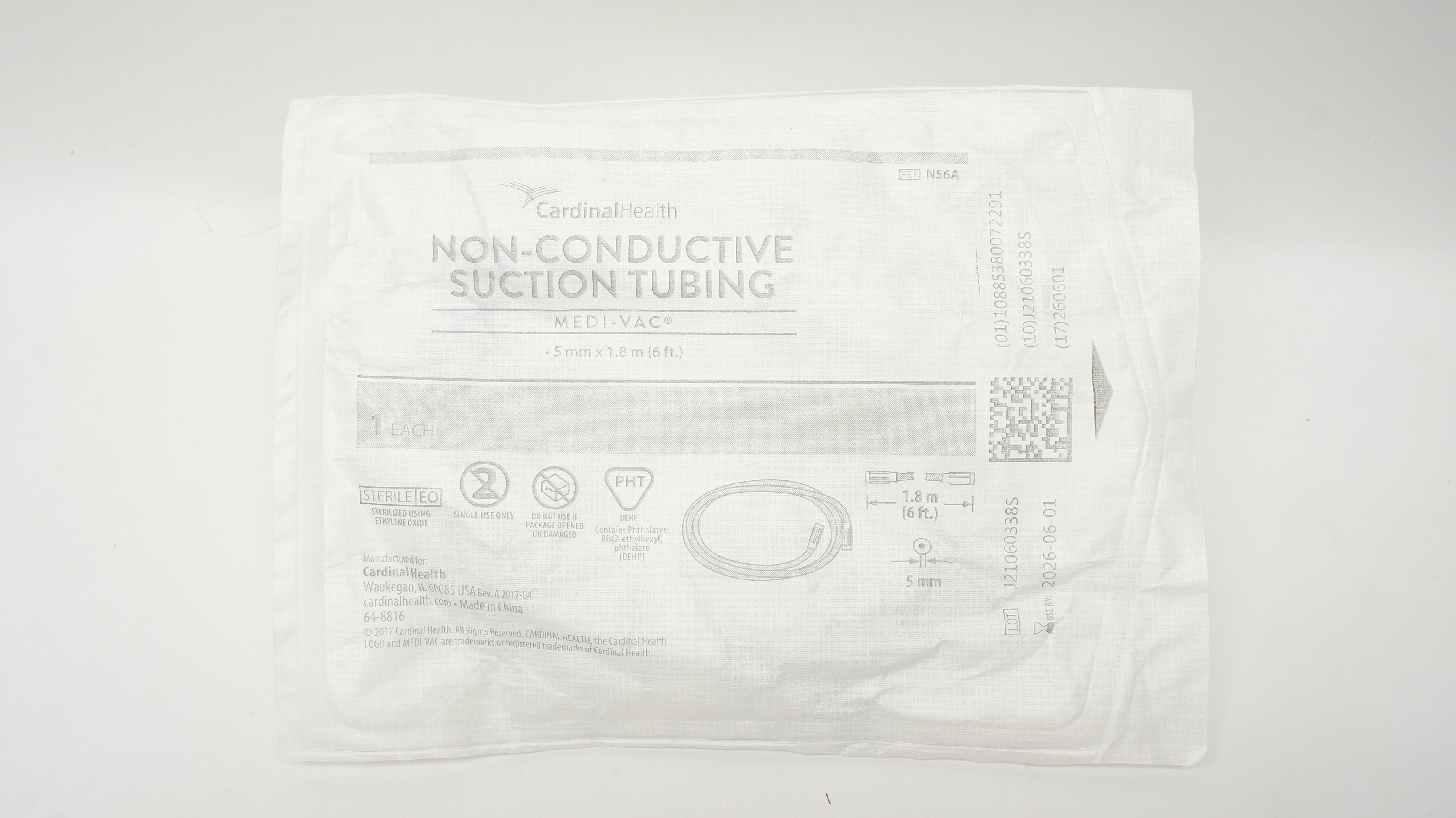 Cardinal Health N56A Medi-Vac Non-Conductive Suction Tubing 5mm x 6Ft
