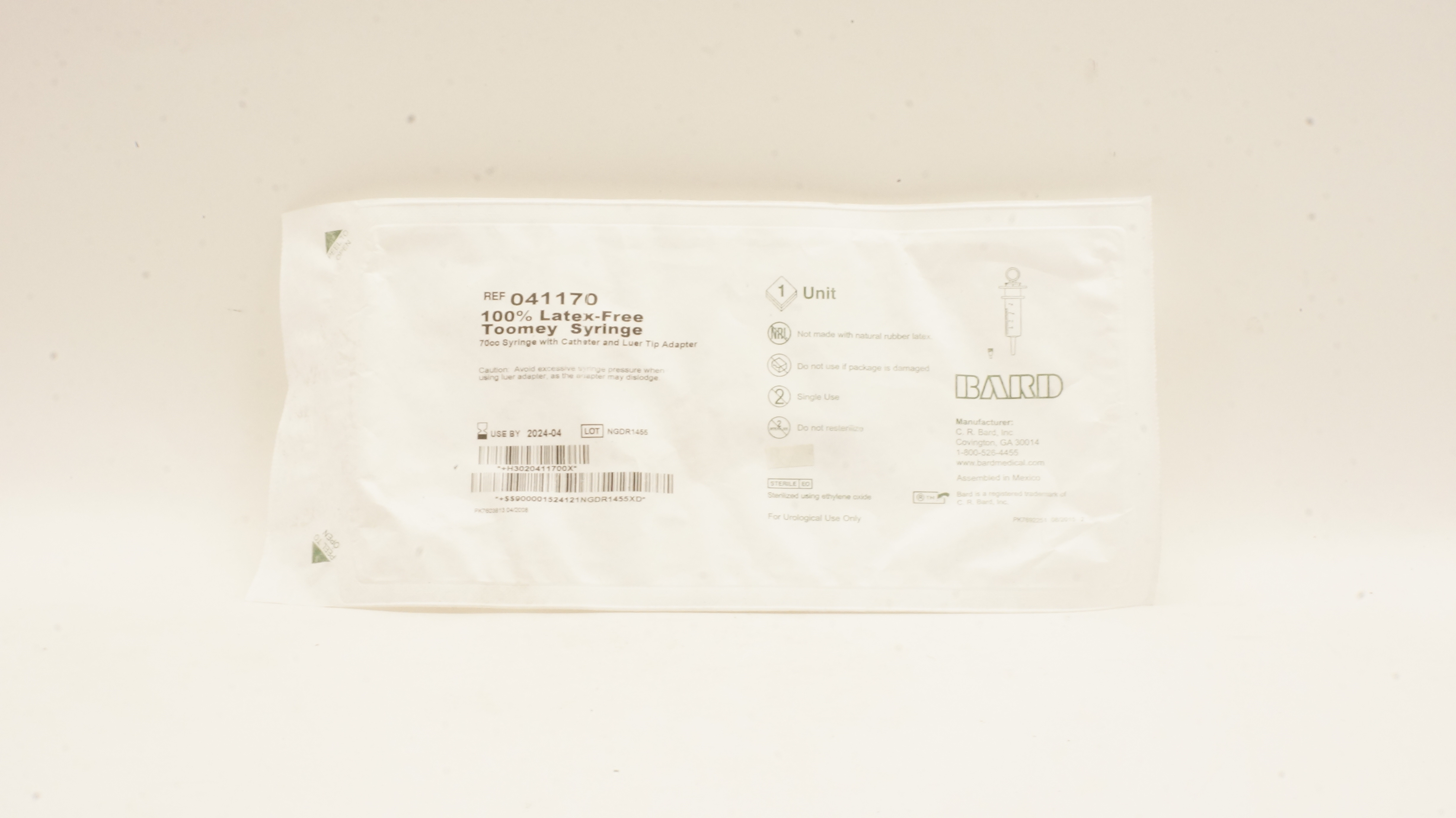 Bard 041170 Toomey Syringe 70cc with Cath. and Luer Tip Adapter