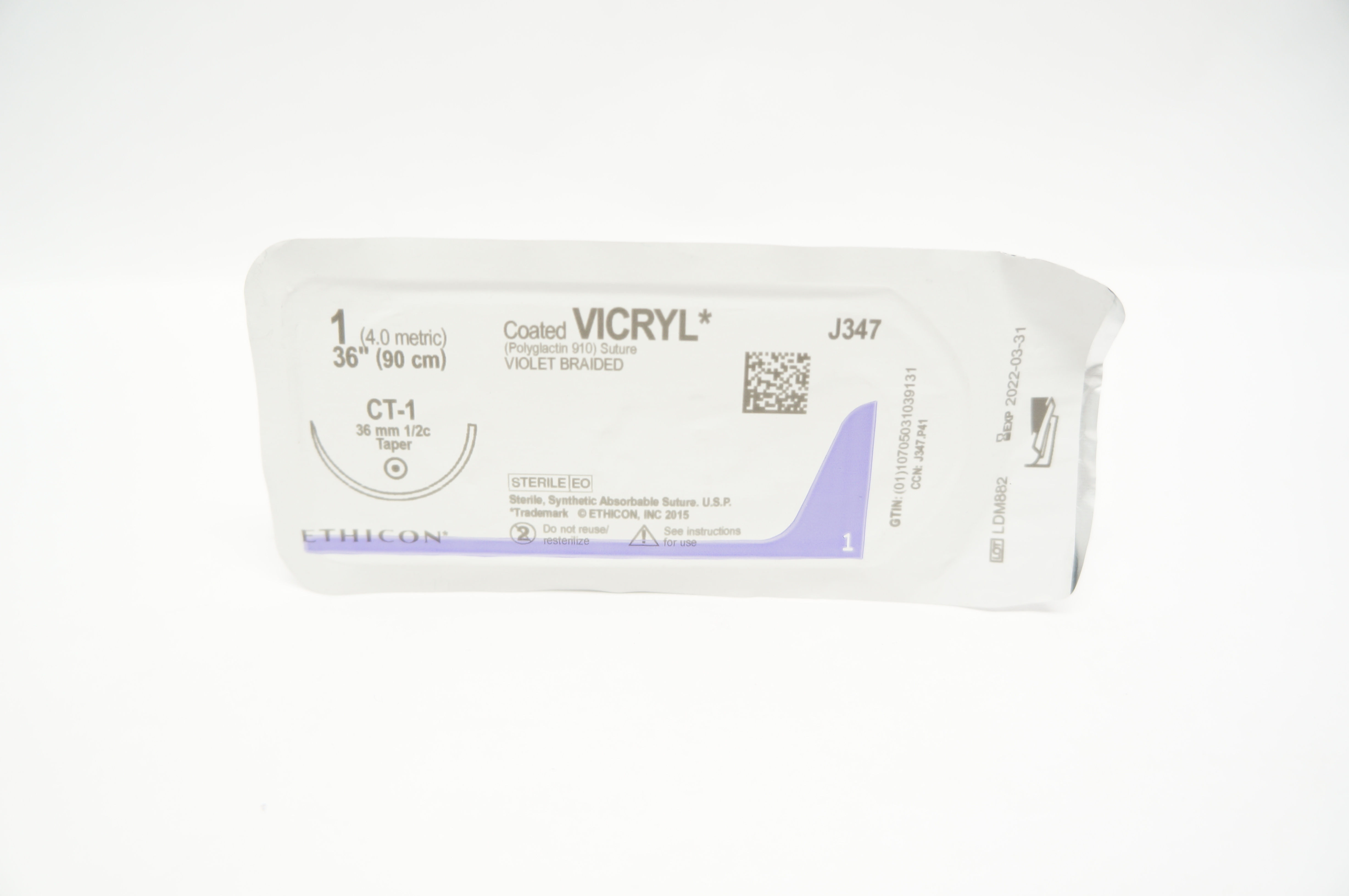 Ethicon J347 1 Coated VICRYL CT-1 36mm 1/2c Taper 36 inch (x)