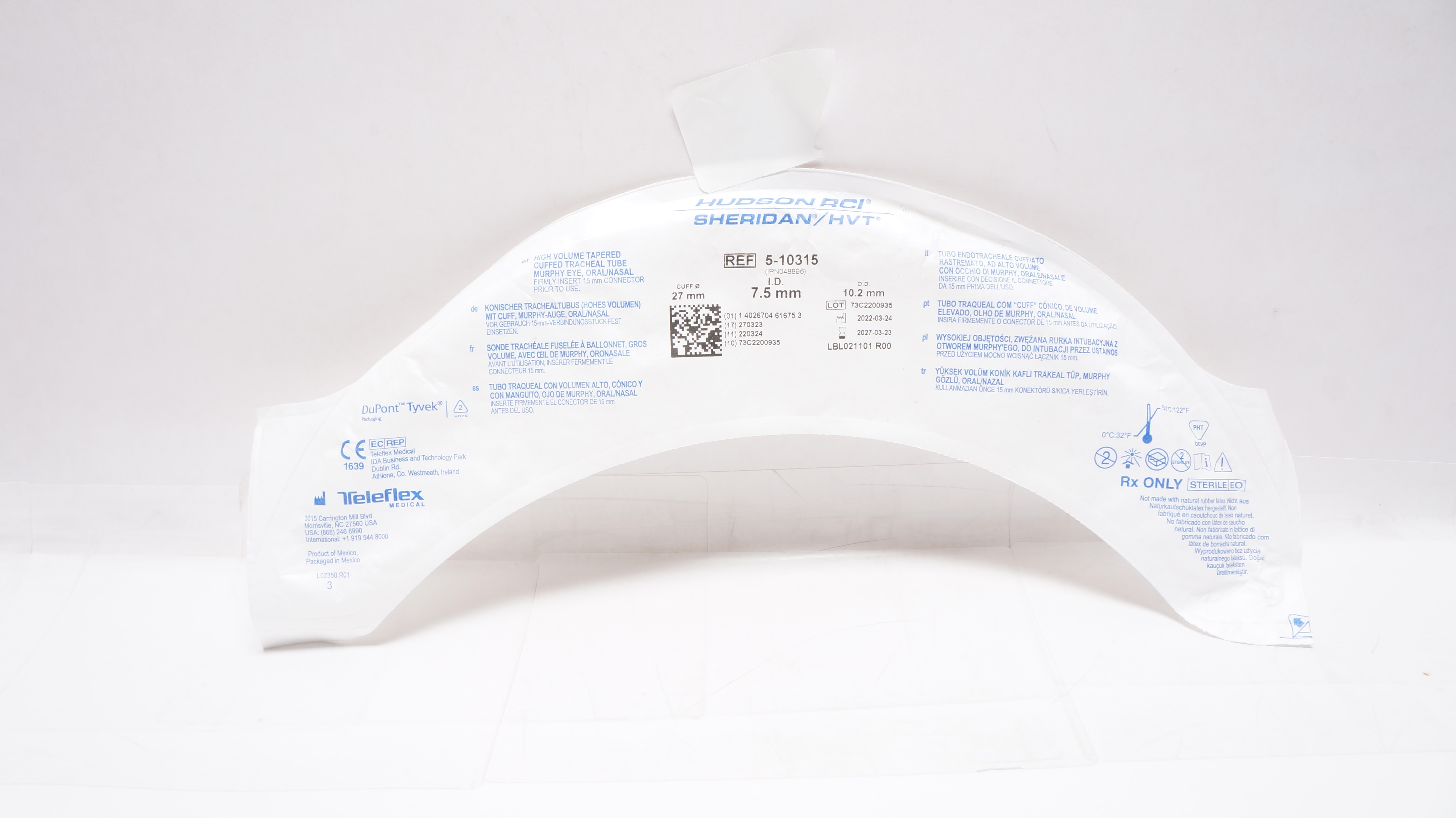 Teleflex 5-10315 Hudson RCI Sheridan HVT Cuffed Tracheal Tube 7.5 x 10.2 x 27mm