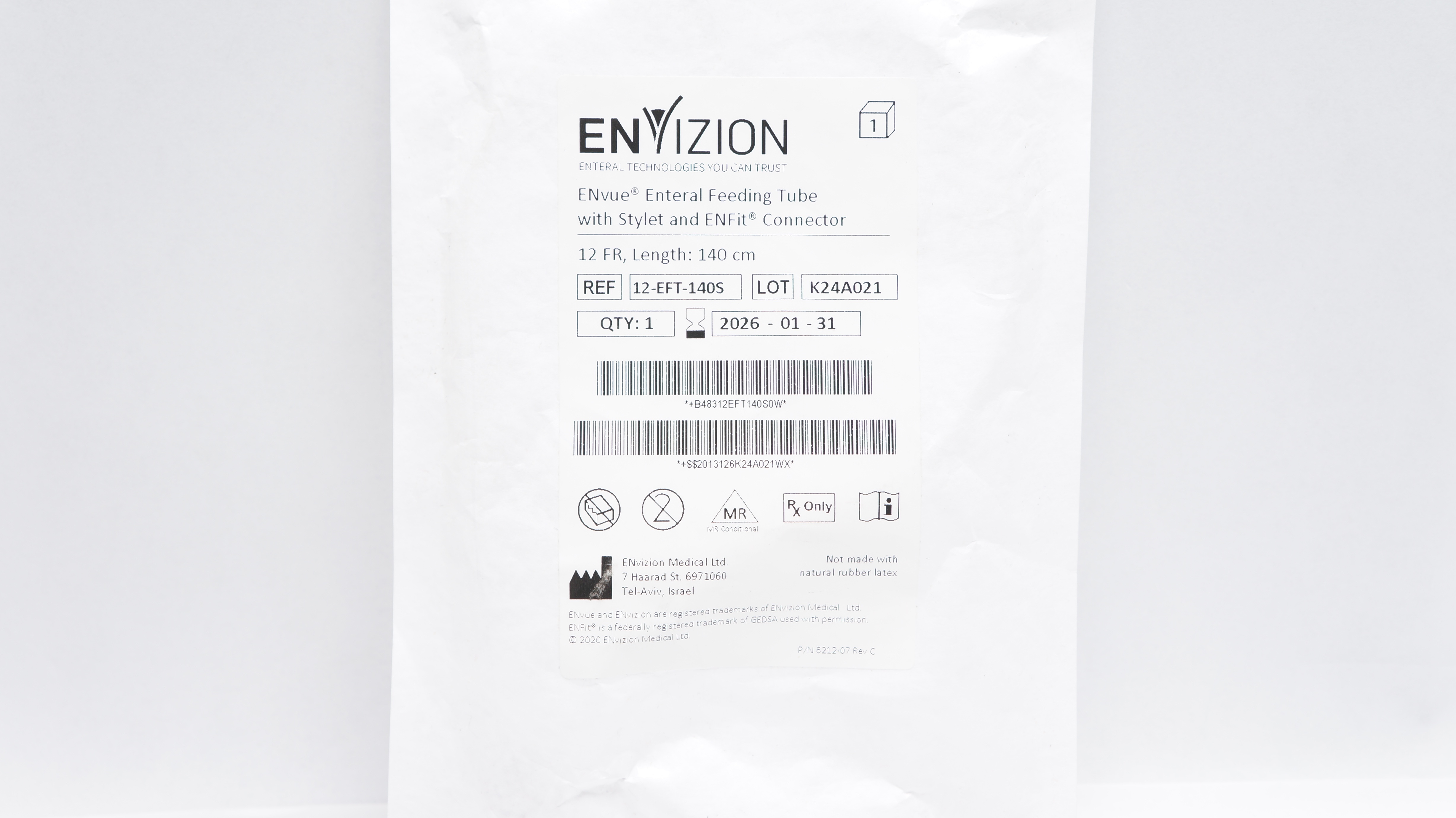 ENvizion Medical 12-EFT-140S ENvue Enteral Feeding Tube W/Stylet&Connector 12Fr