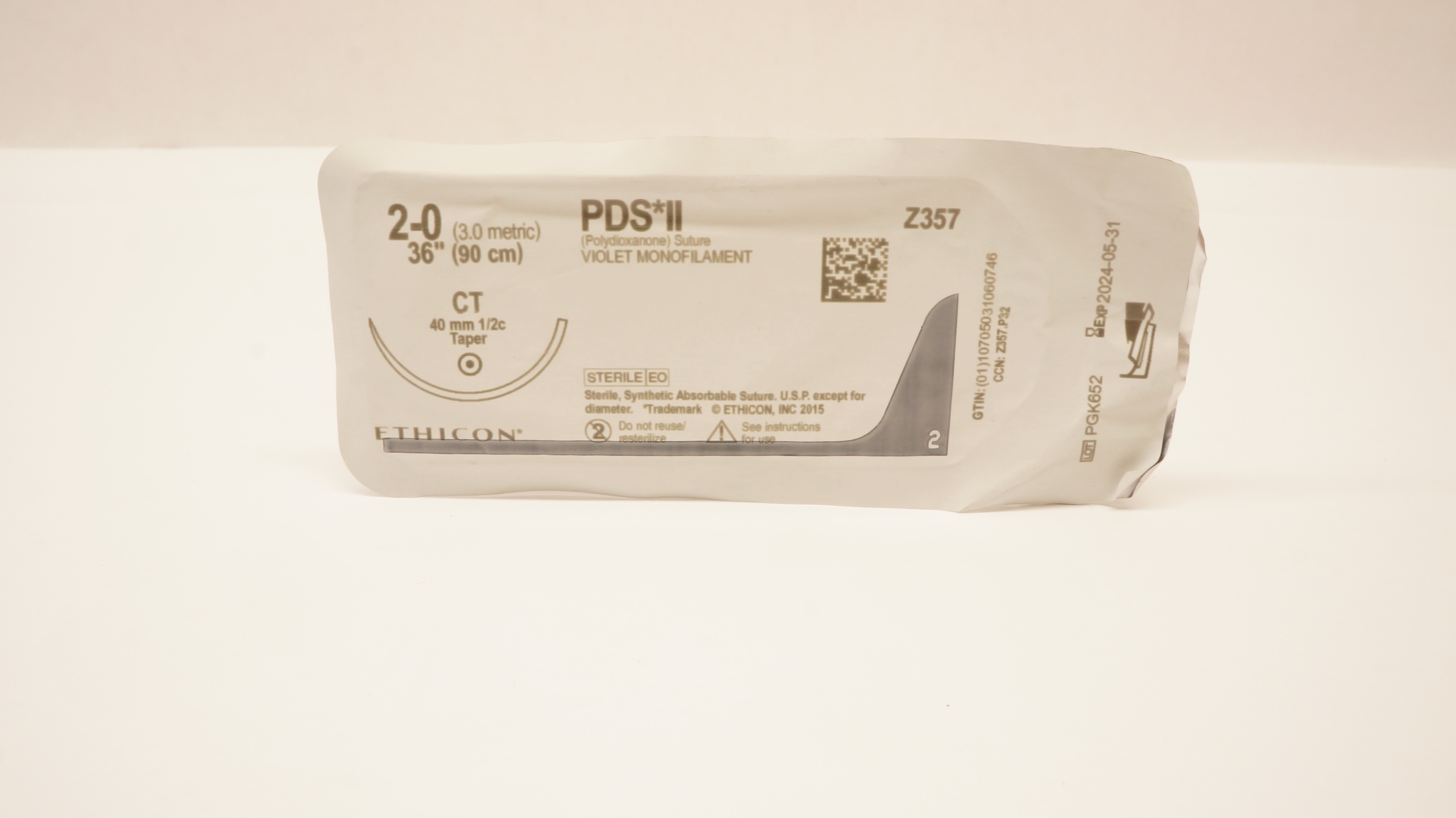 Ethicon Z357 2-0 PDS II Violet Monofilament, CT, 40mm 1/2c Taper, 36inch