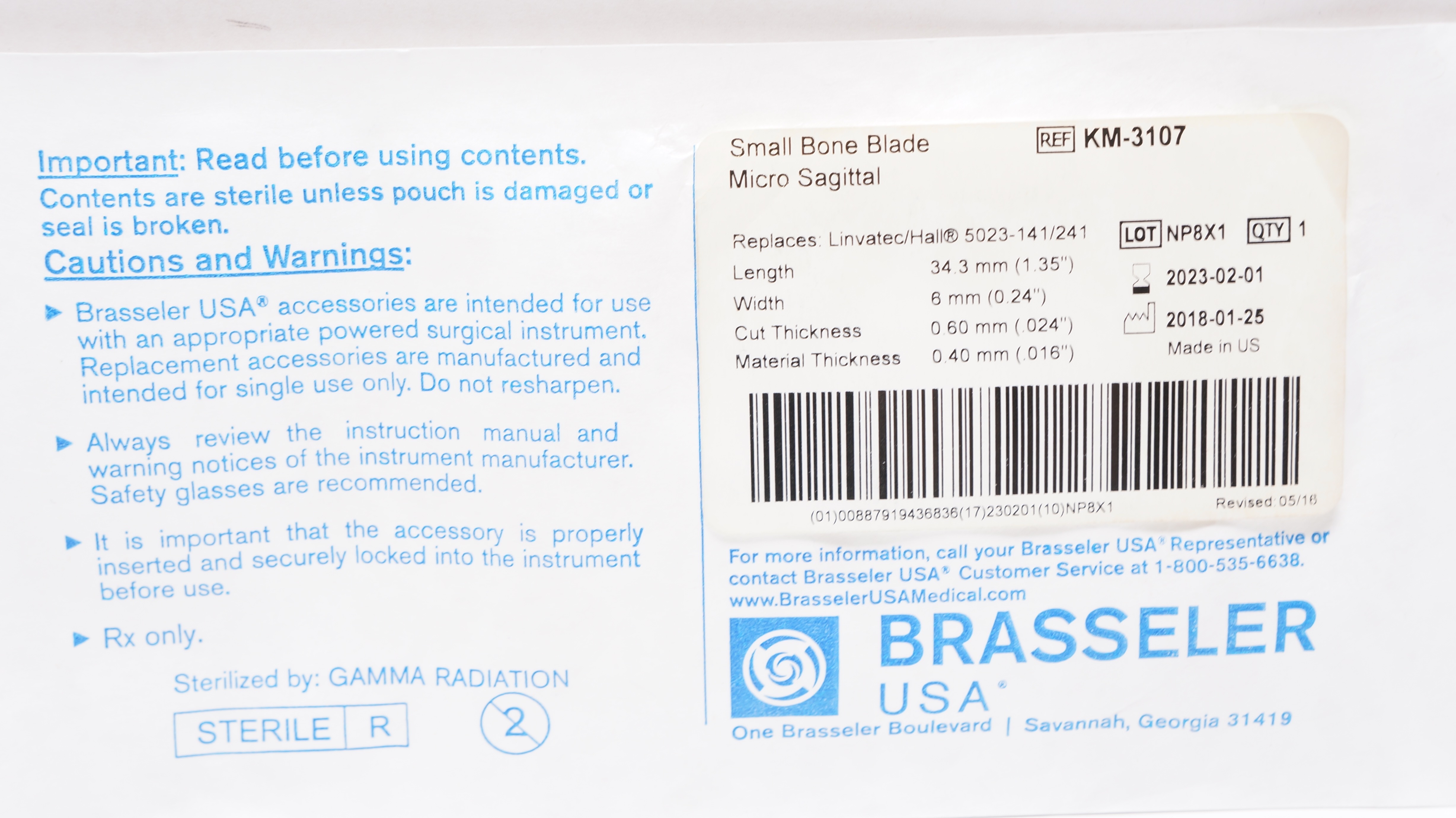 Brasseler KM-3107 Small Bone Blade Micro Sagittal 1.35inch x 0.24inch (x)