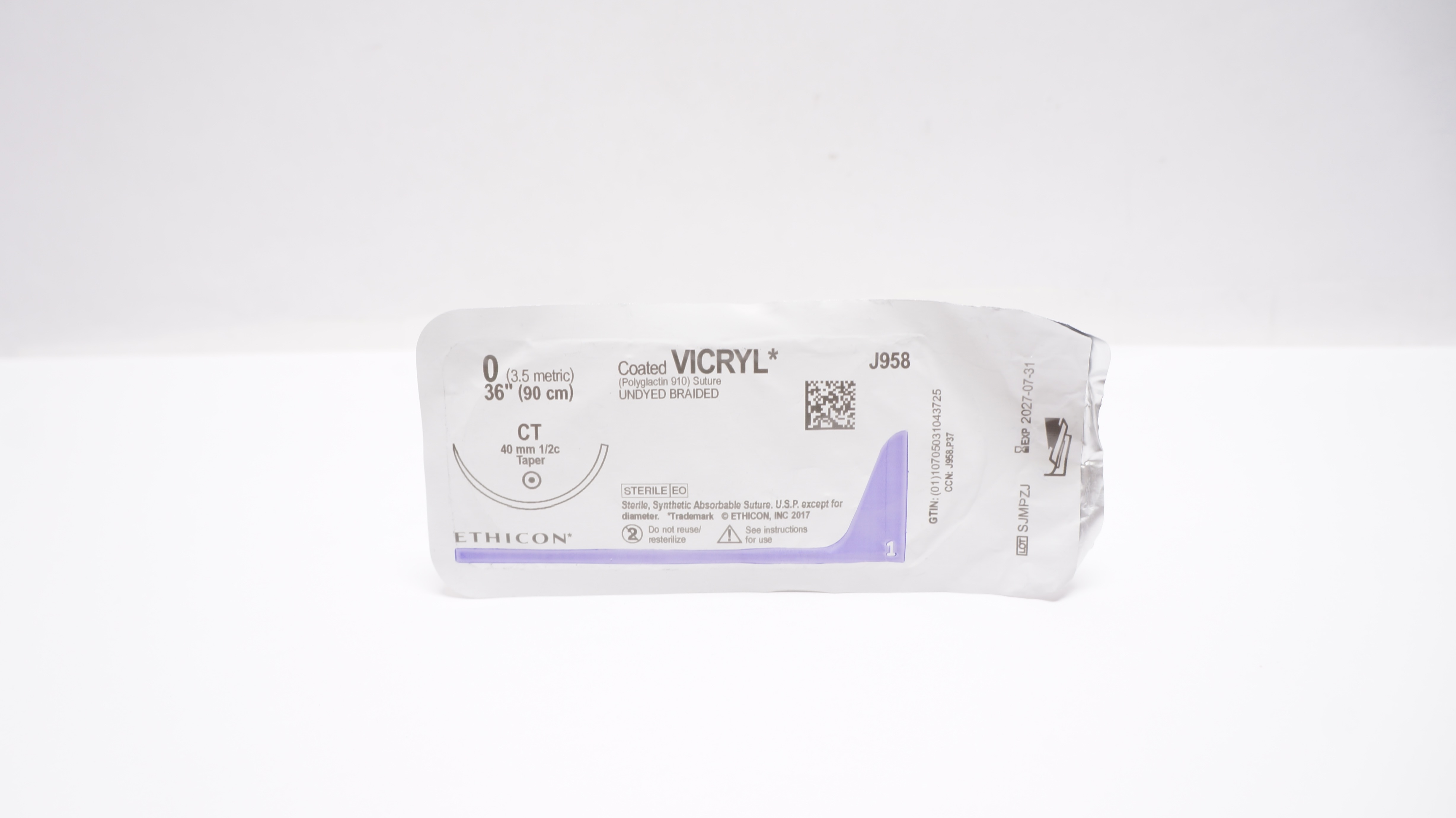 Ethicon J958 0 Coated VICRYL Polyglactin Stre CT 40mm 1/2c Taper, 36inch