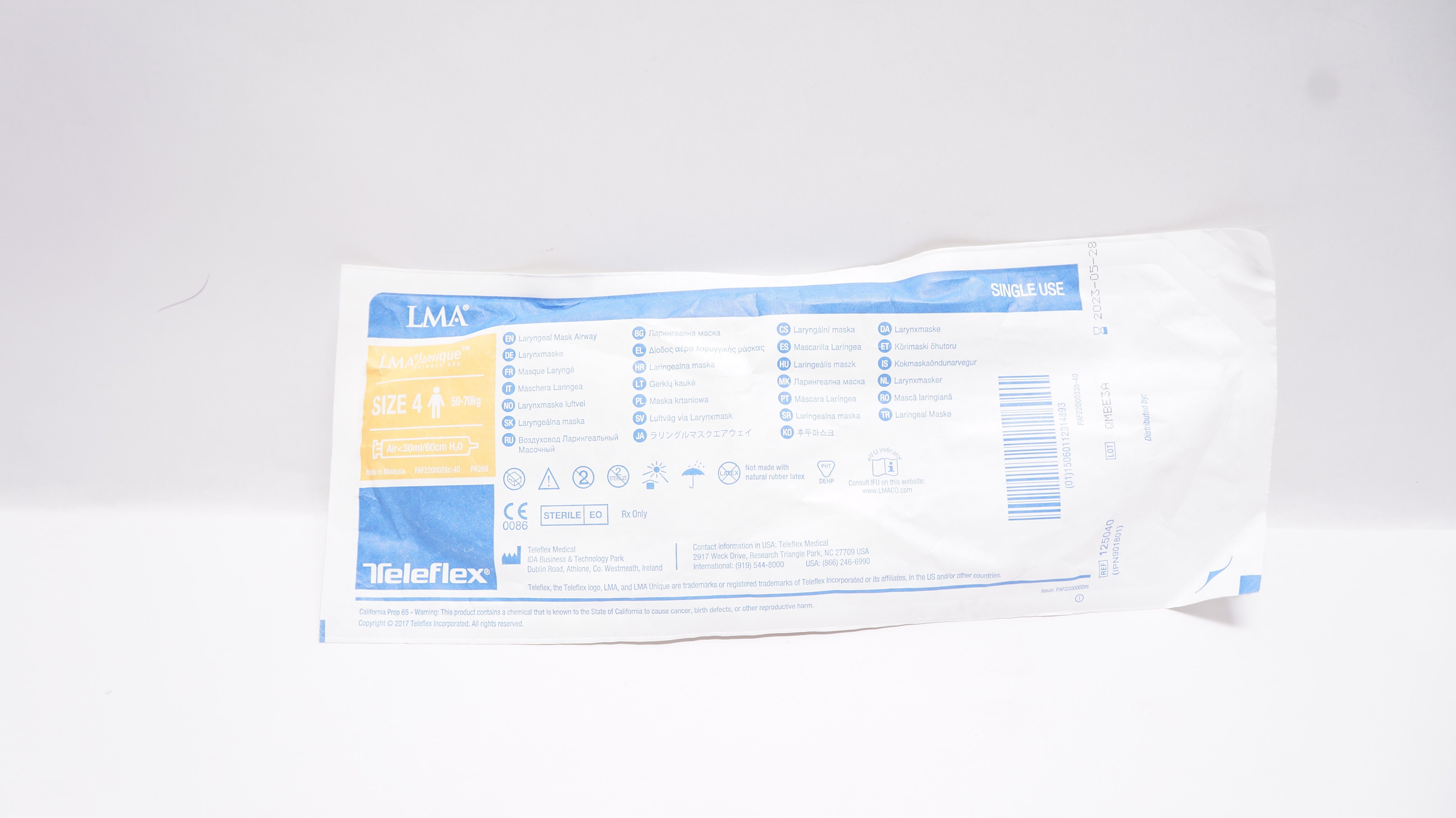 Teleflex 125040 LMA Unique Laryngeal Mask Airway Size 4 50-70kg Air<30ml/60cm(x)