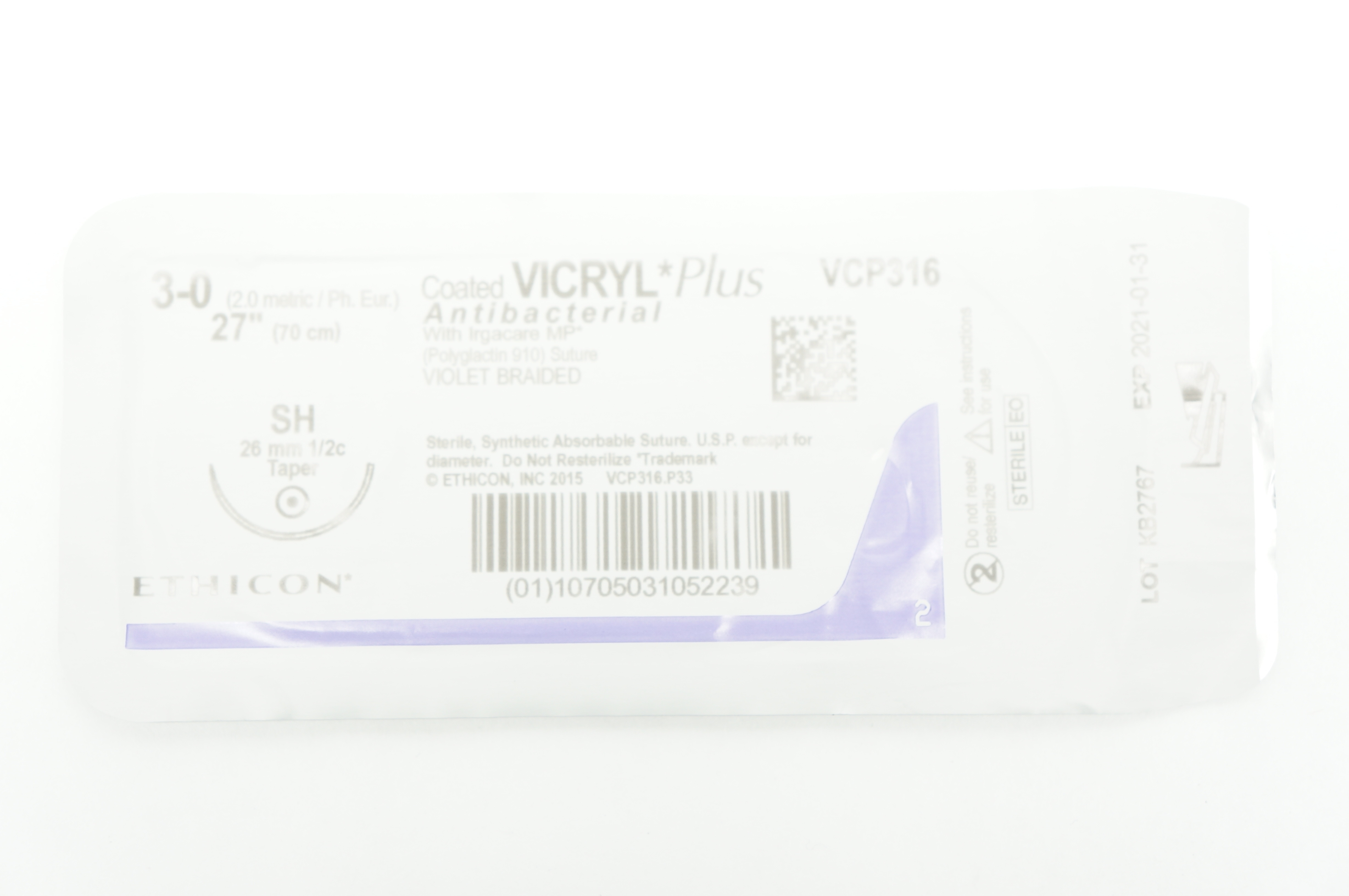 Ethicon VCP316 3-0 VICRYL Plus SH 26mm 1/2c Taper 27inch