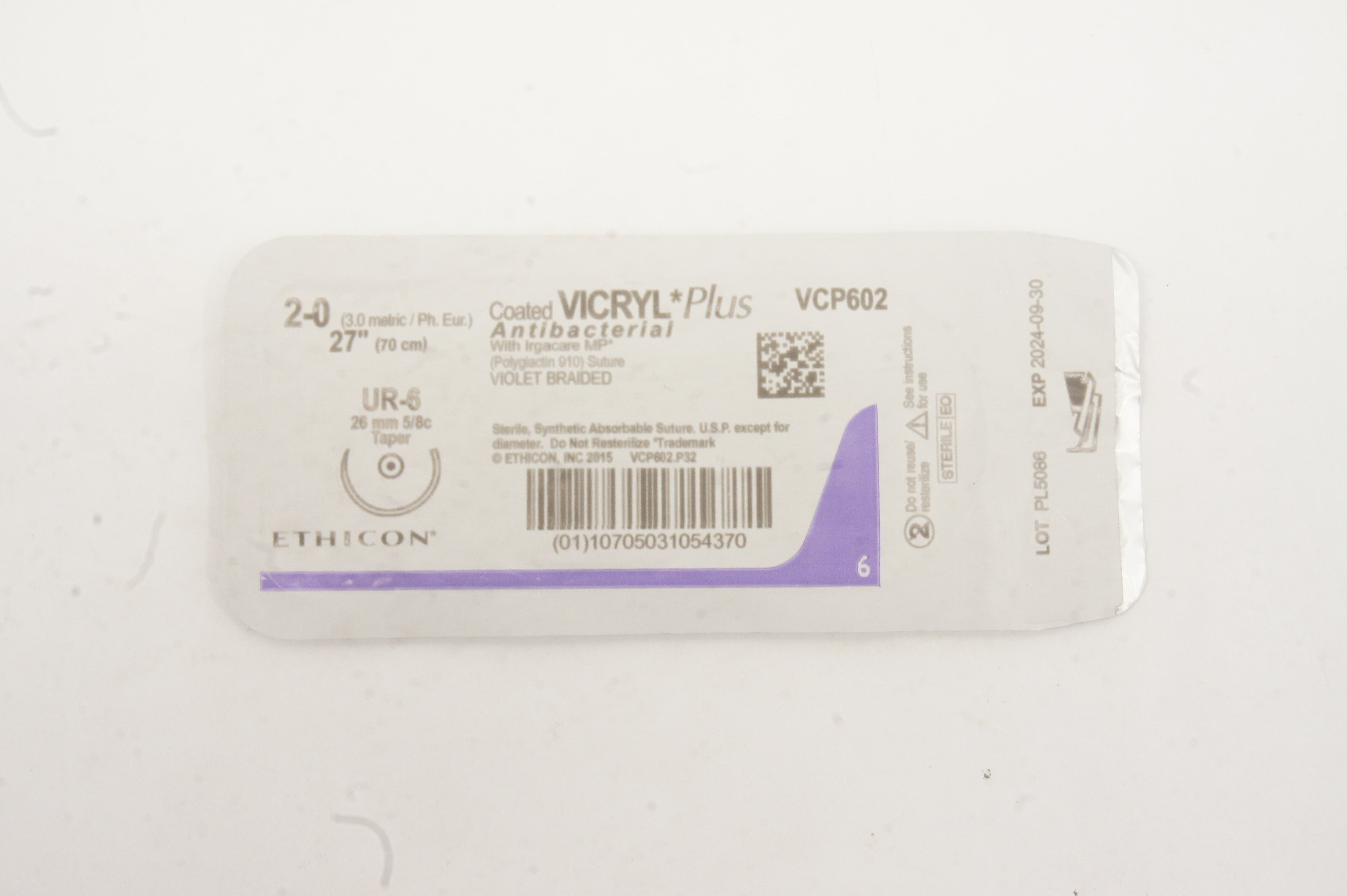 Ethicon VCP602 2-0 VICRYL Plus UR-6 26mm 5/8c Taper, 27inch
