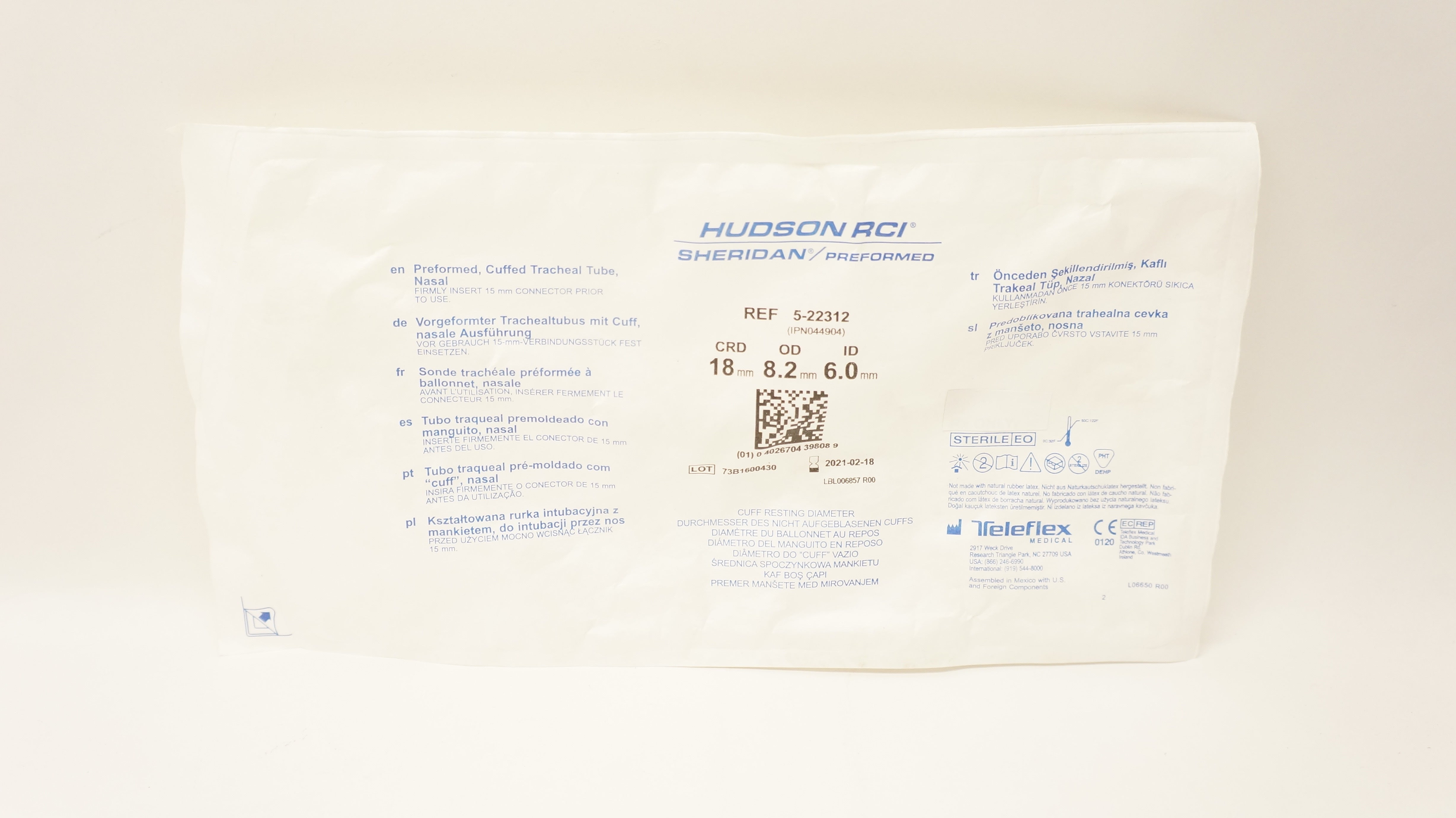 Hudson RCI 5-22312 SHERIDAN Preformed, Cuffed Tracheal Tube 18mm x 8.2mm (x)