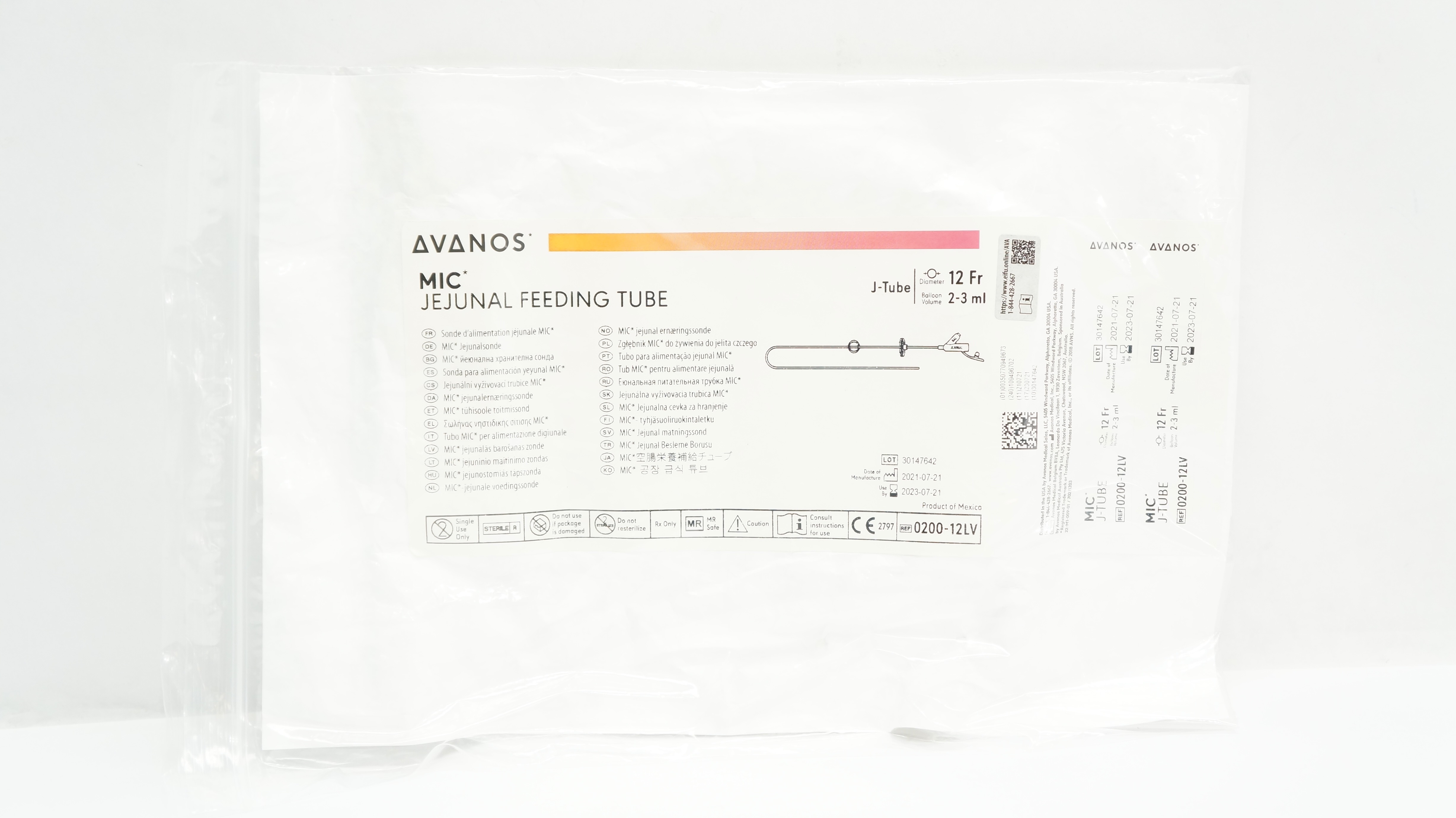Avanos 0200-12LV MIC Jejunal Feeding Tube J-Tube 12 Fr x 2-3ml