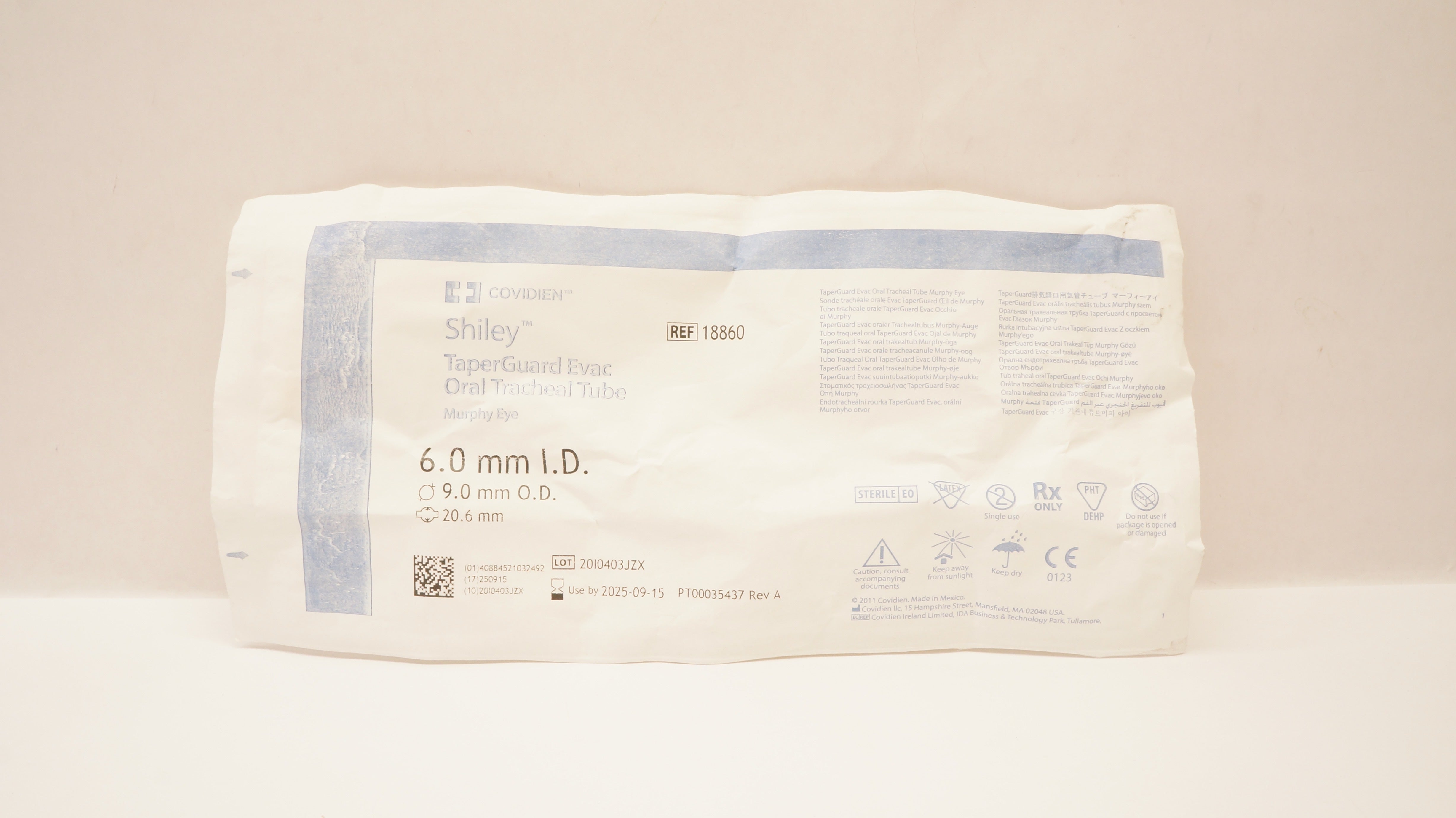 Covidien 18860 Shiley TaperGuard Evac Oral Tracheal Tube 6.0ID x 9.0OD x 20.6mm