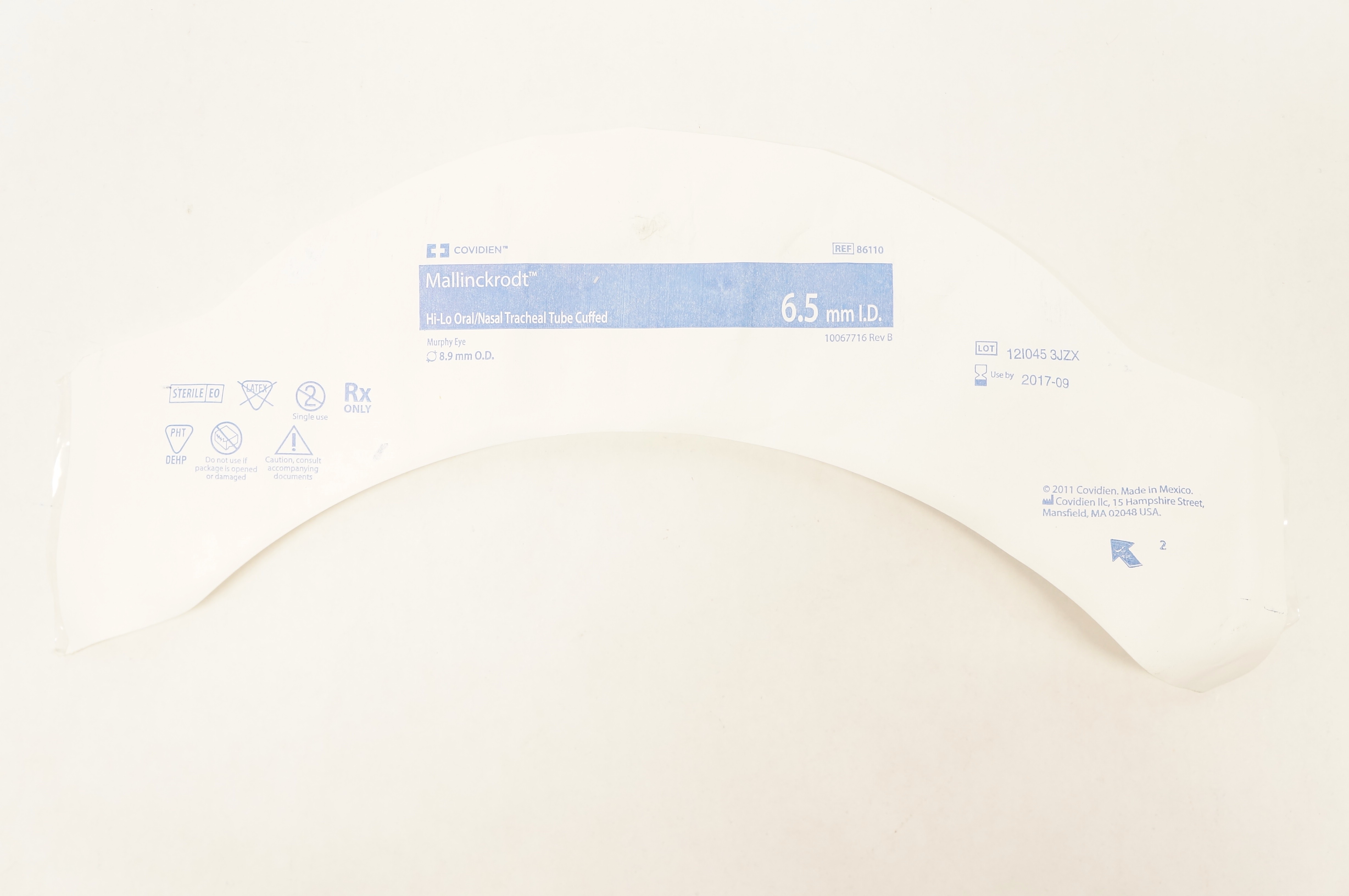 Covidien 86110 Mallinckrodt Hi-Lo Oral/Nasal Tracheal Tube Cuffed 6.5 x8.9mm (x)