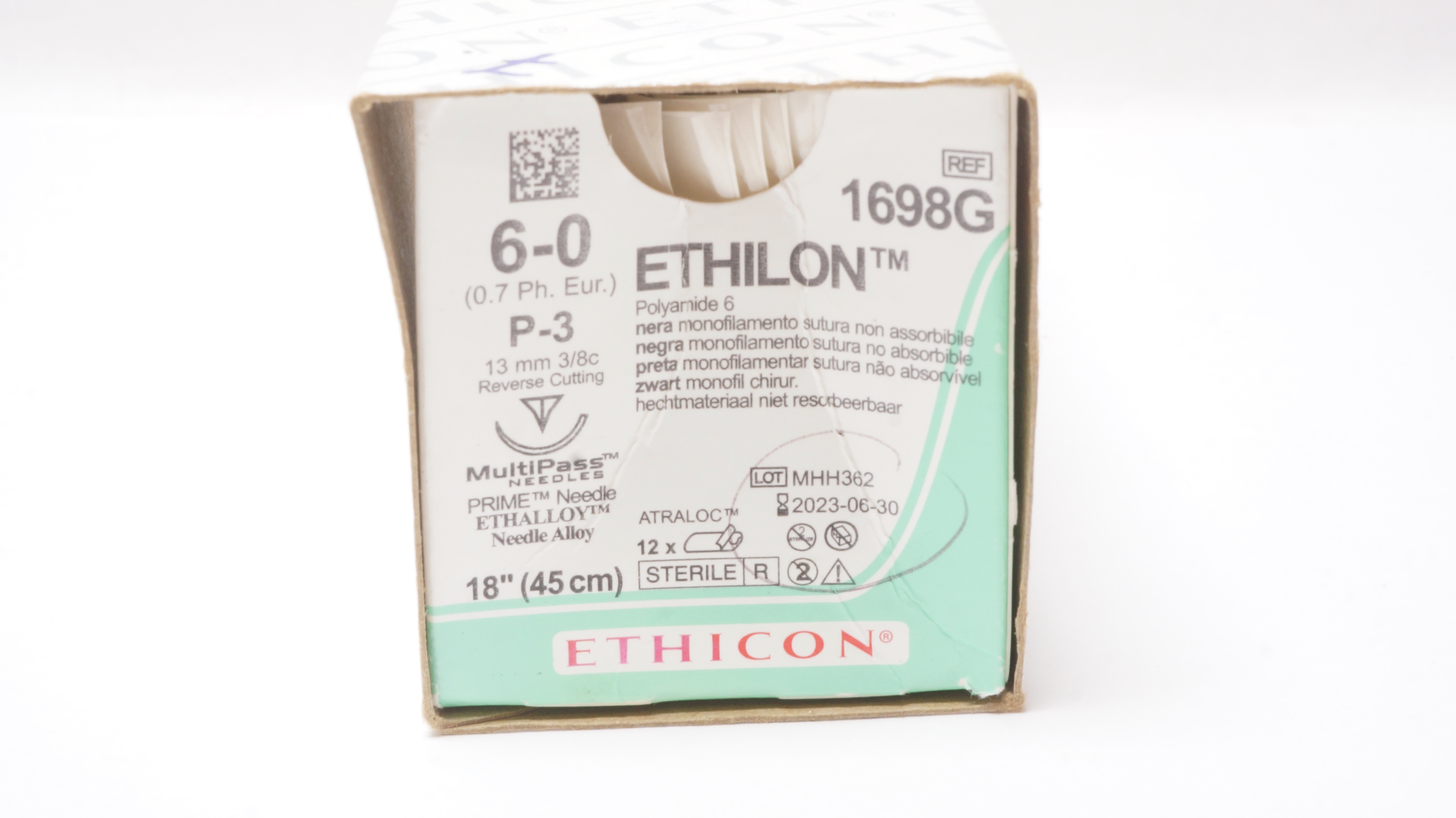 Ethicon 1698G 6-0 ETHILON Stre P-3 13mm 3/8c Reverse Cutting 18inch - Box of 7