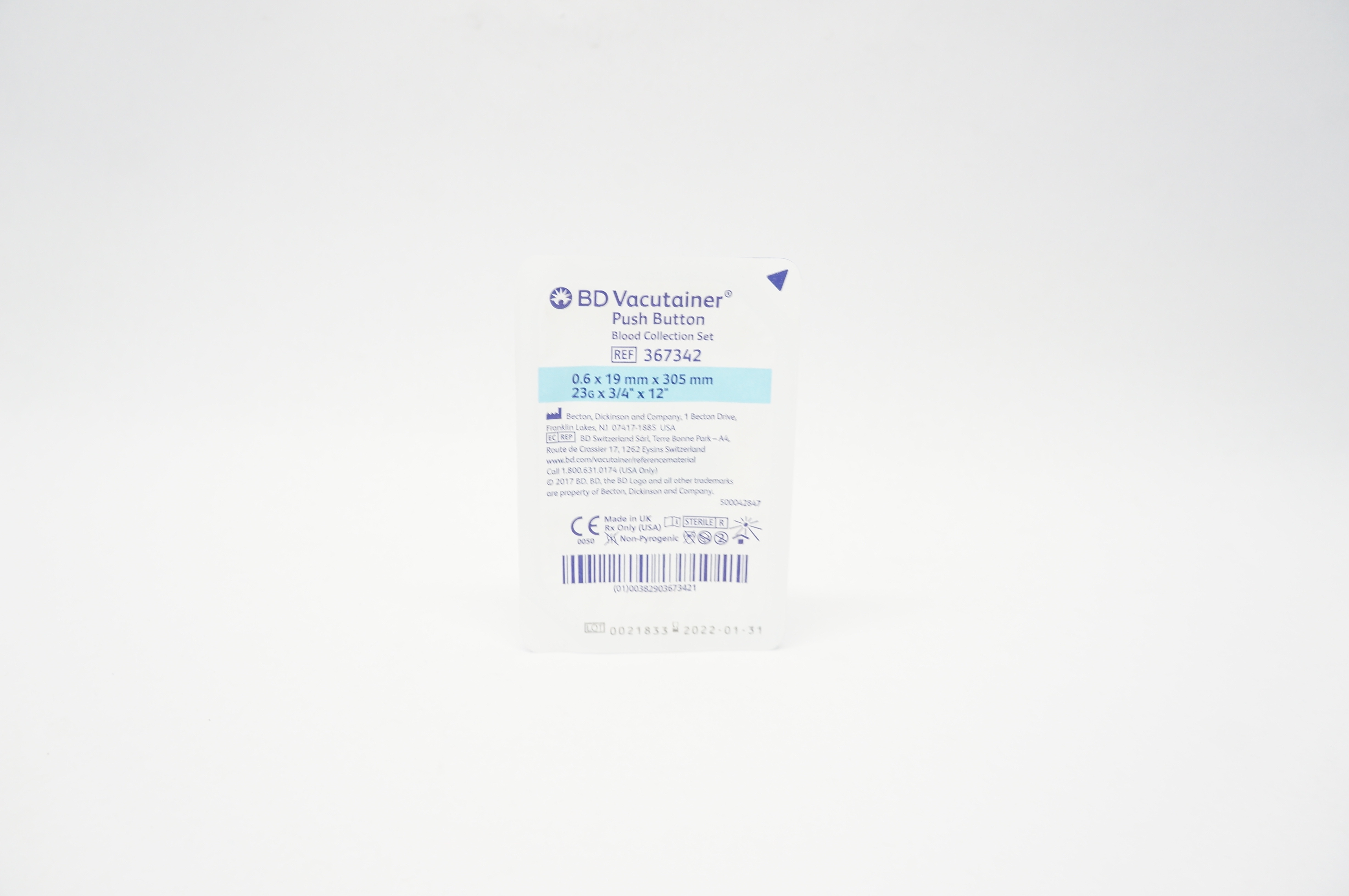 BD 367342 Vacutainer Push Button Blood Collection Set 23G x 3/4inch x 12inch (x)