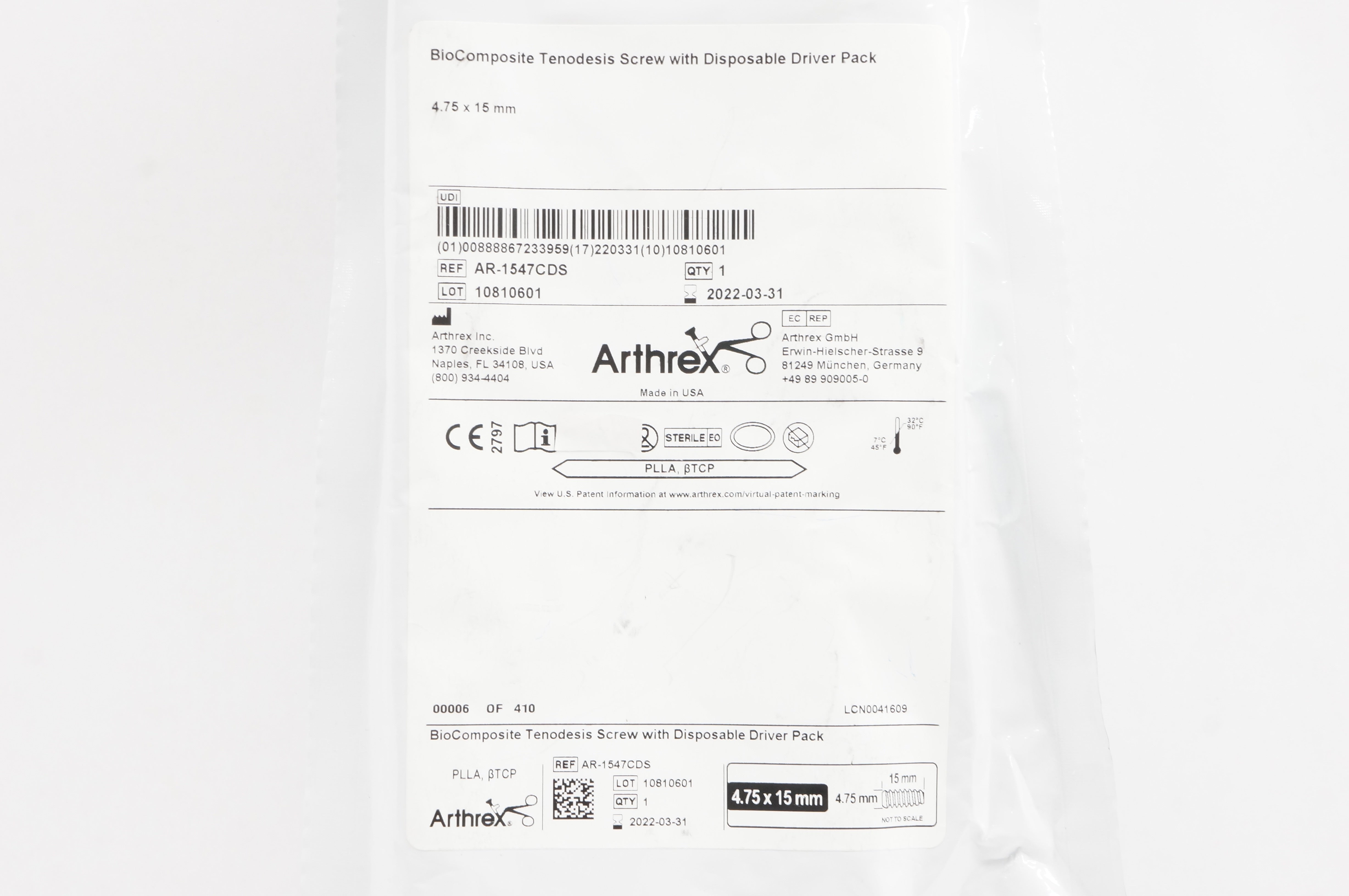 Arthrex AR-1547CDS BioComposite-Tenodesis Screw 4.75mm x 15mm