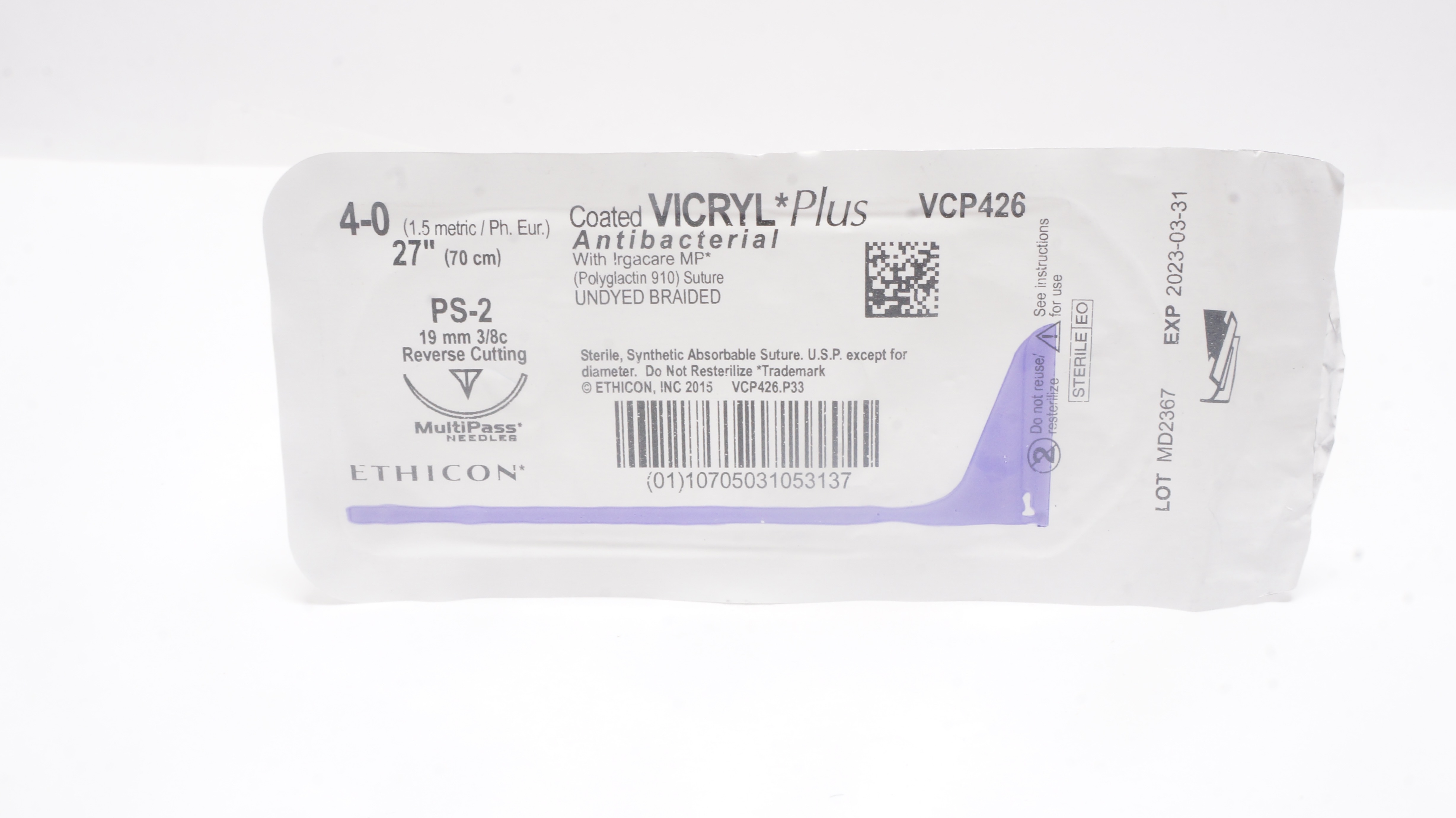 Ethicon VCP426 4-0 Vicryl Plus, PS-2, 19mm 3/8c Reverse Cutting, 27inch (x)