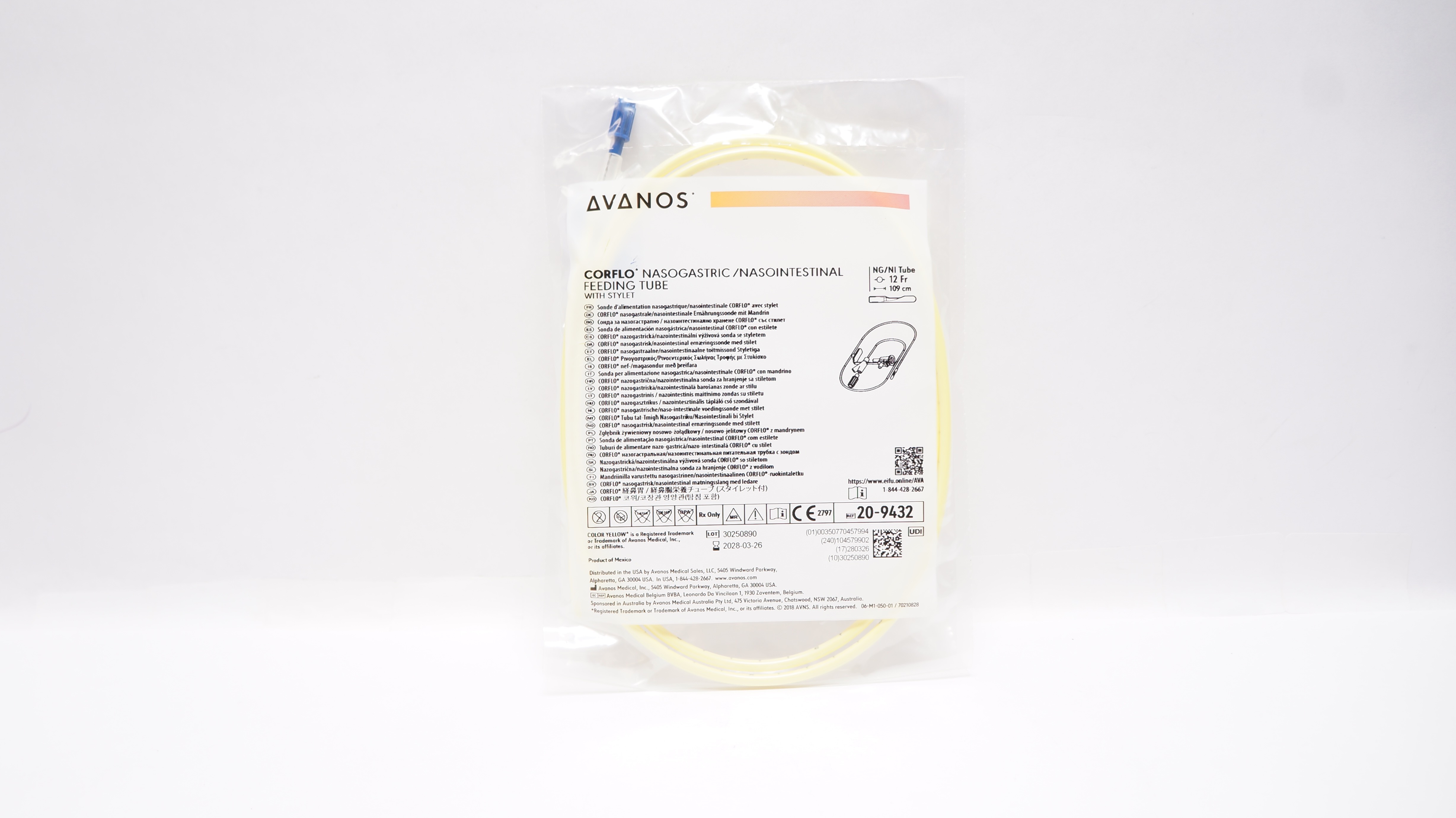 Avanos 20-9432 Corflo Nasogastric /Nasointenstinal Feeding Tube w/Stylet 12Fr