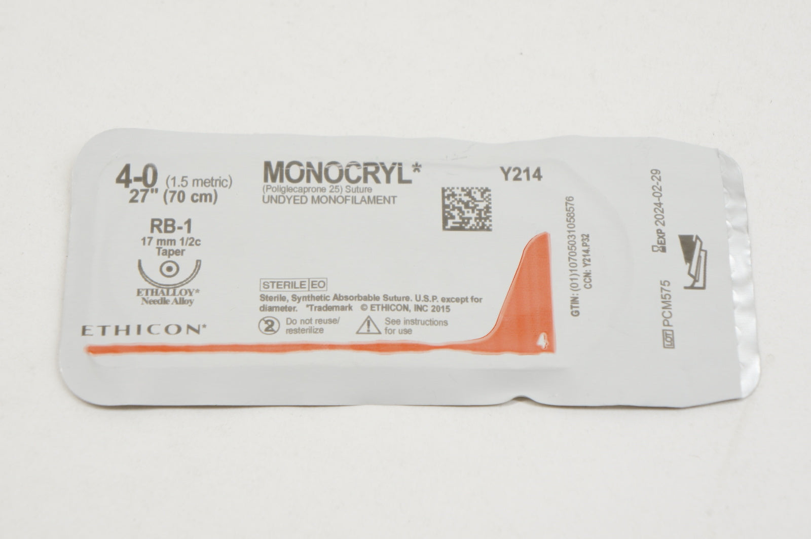 Ethicon Y214 4-0 MONOCRYL, RB-1, 17mm 1/2c Taper, 27inch