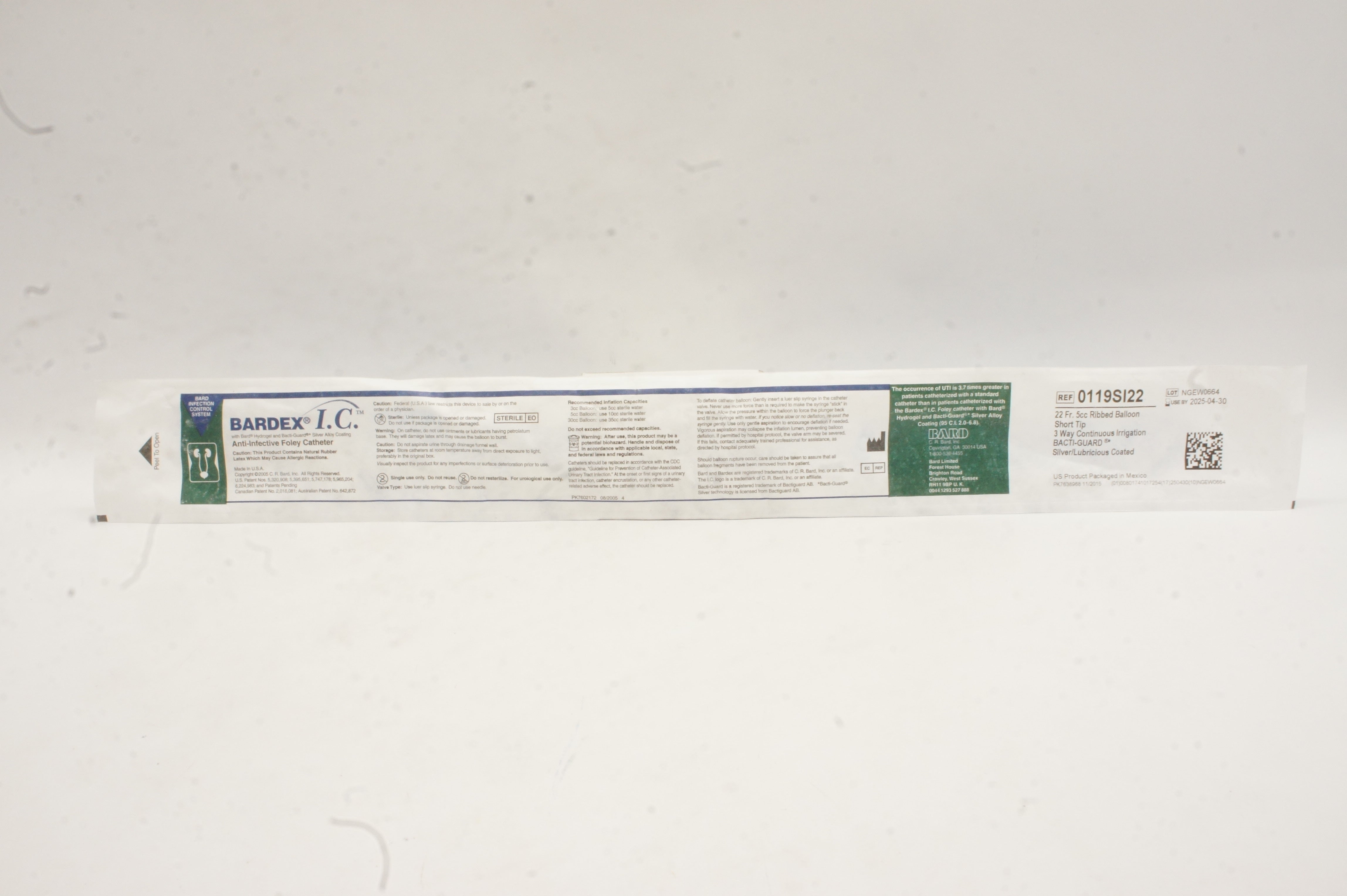 Bard 0119SI22 Bardex I.C. Anti-Infective Foley Cath. 22Fr 5cc Ribbed Balloon