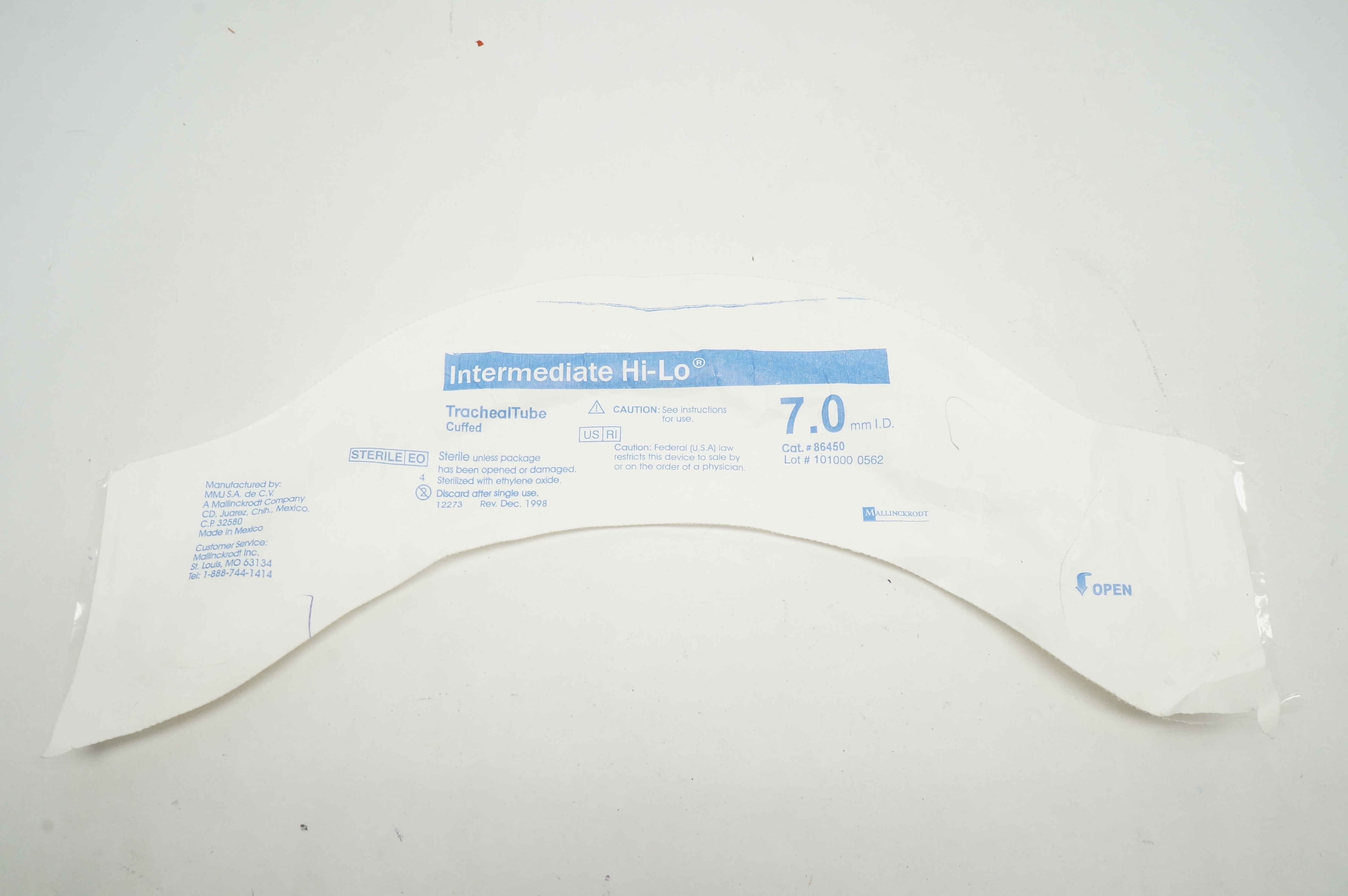 Mallinckrodt 86450 Intermediate Hi-Lo Tracheal Tube Cuffed 7.0mm I.D.
