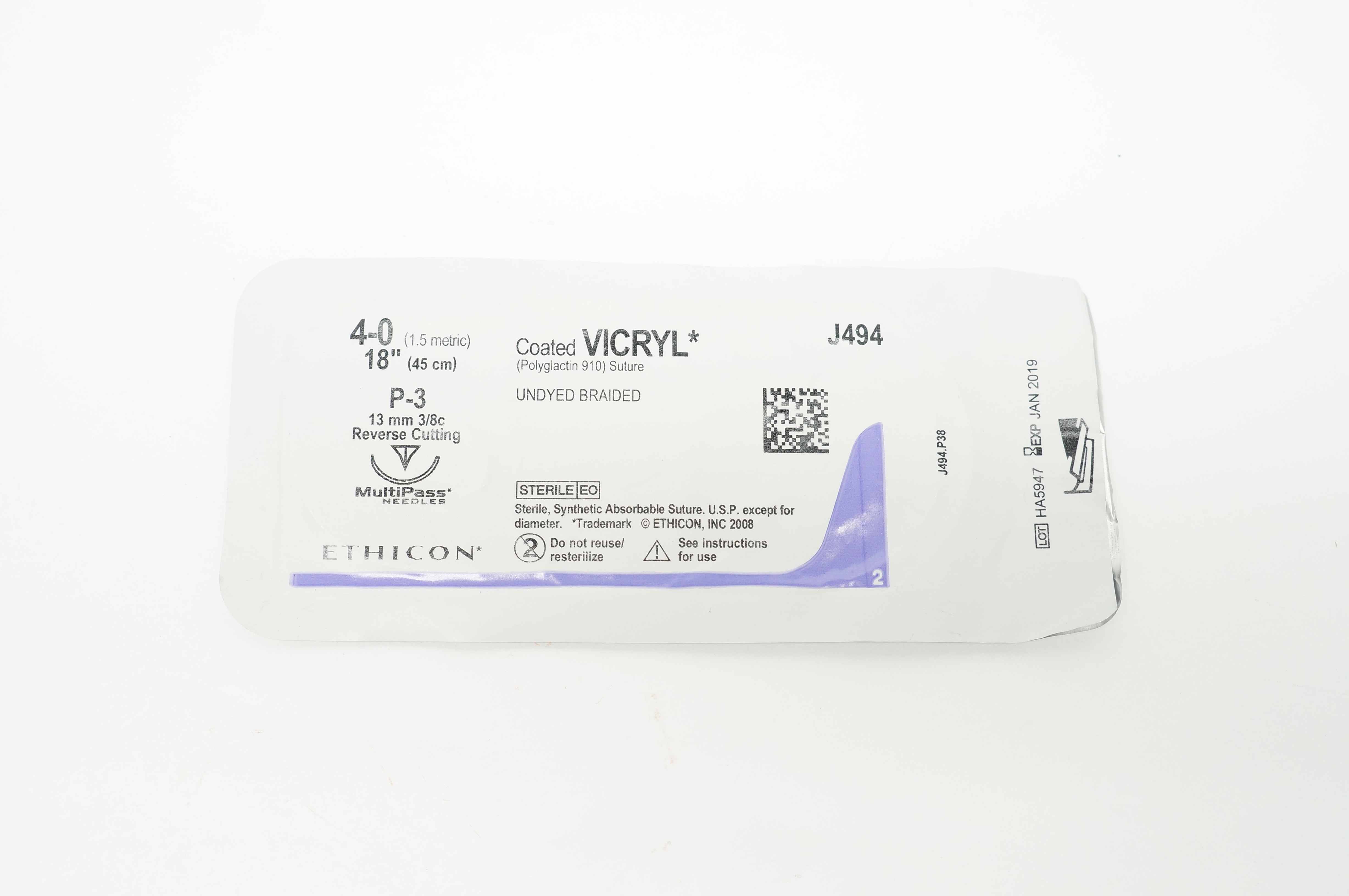 Ethicon J494 4-0 Coated Vicryl  Stre. Undyed Braided 18inch P-3 13mm (x)