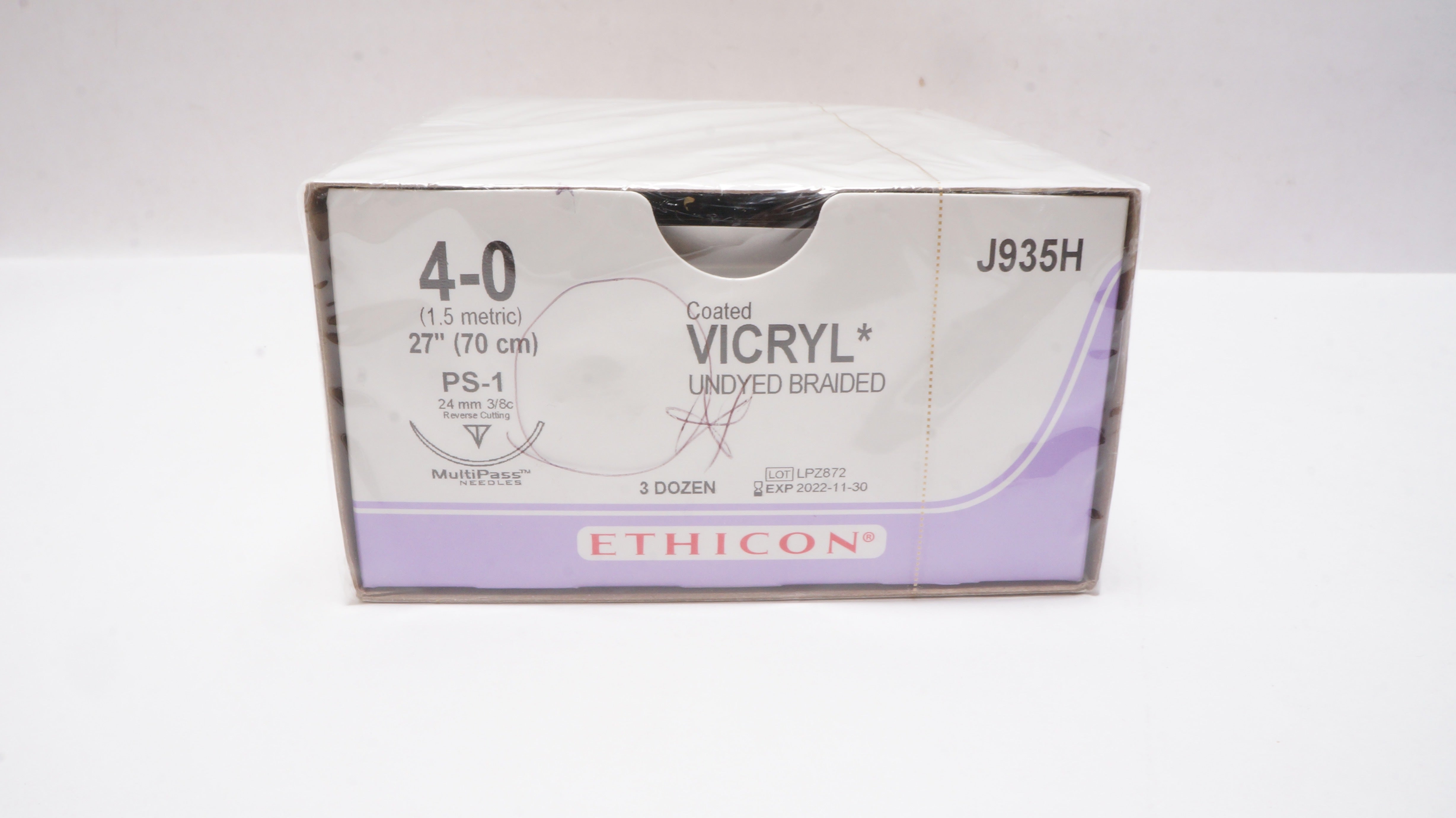 Ethicon J935H 4-0 VICRYL, PS-1, 24mm 3/8c Reverse Cutting, 27inch(x) - Box of 36