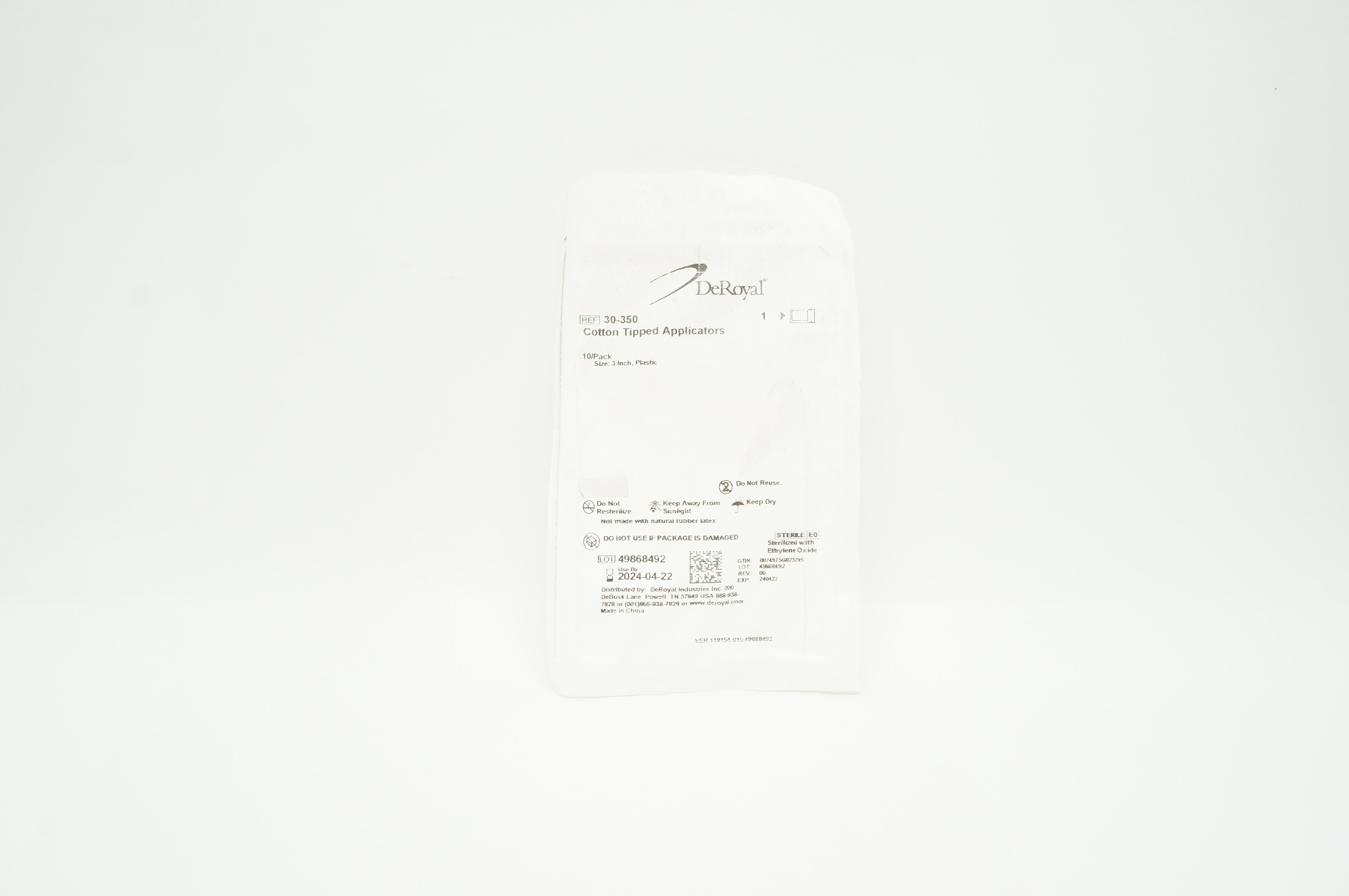 DeRoyal 30-350 Cotton Tipped Applicators 3 inch Plastic