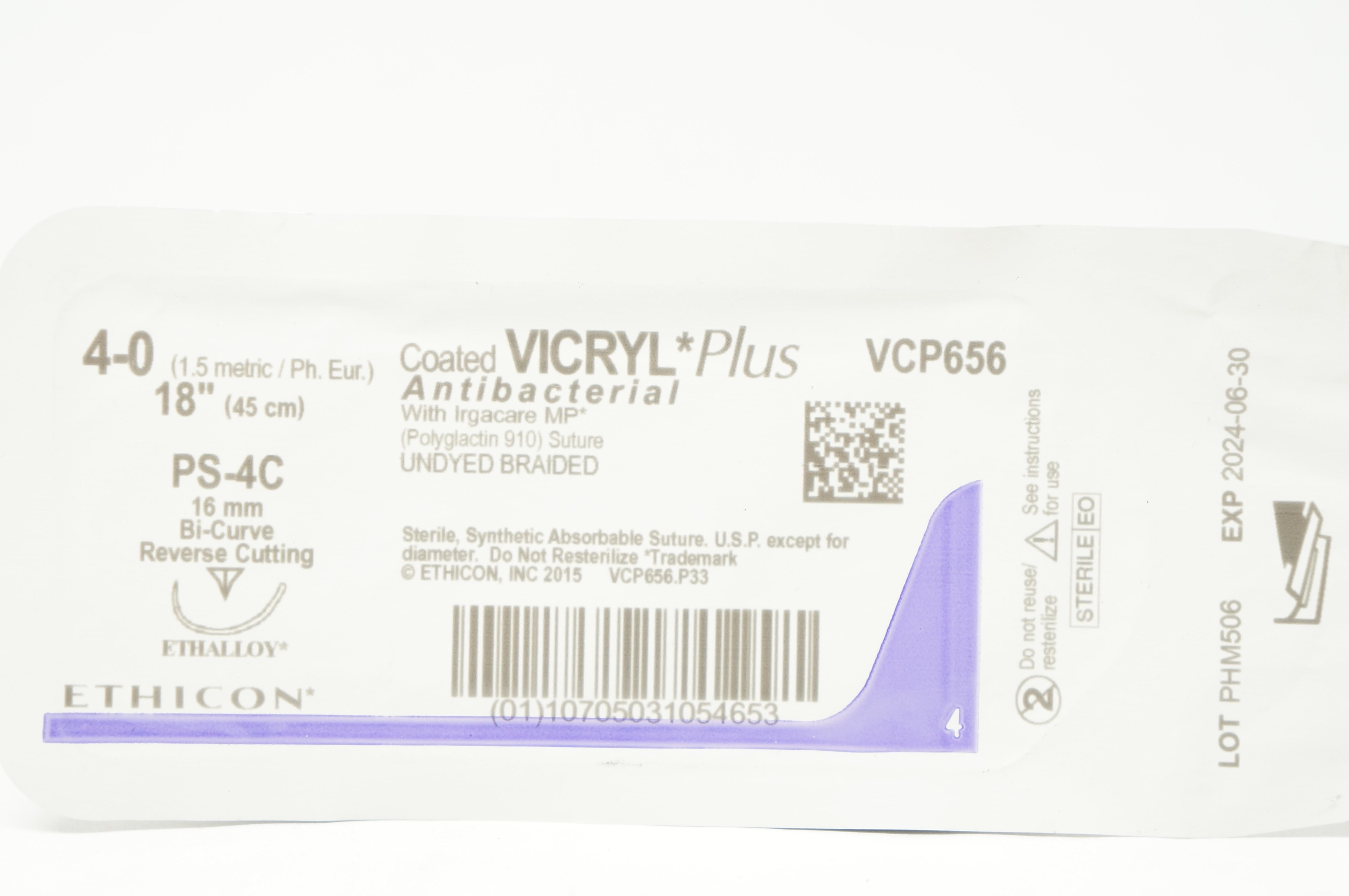 Ethicon VCP656 4-0 Vicryl Plus Stre PS-4C 16mm Bi-Curve Reverse Cutting, 18inch